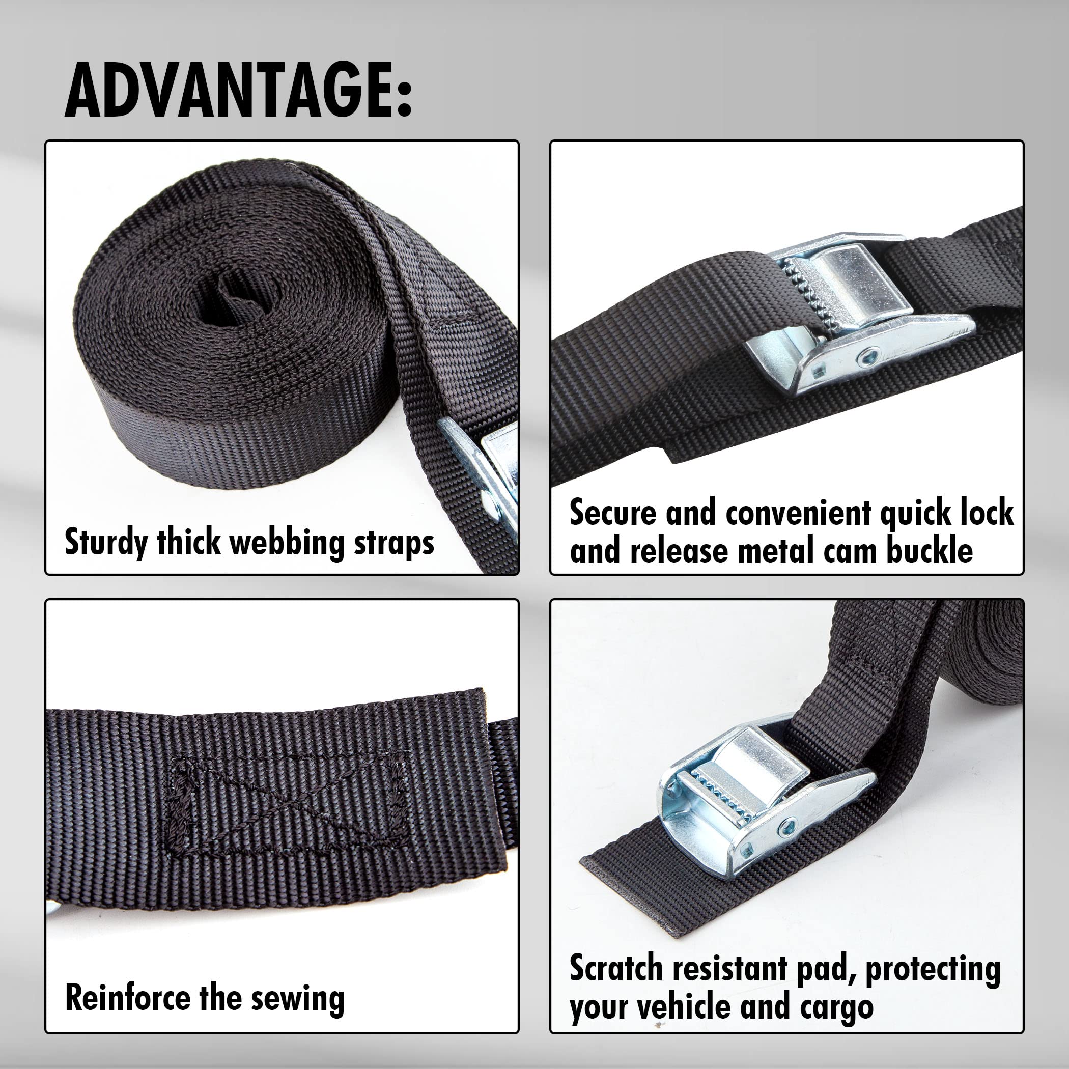 Cartman 1'' X 15'Lashing Straps With Adjustable Cam Buckle Cargo Tie Down With Protective Pad, 4 Pack, Black