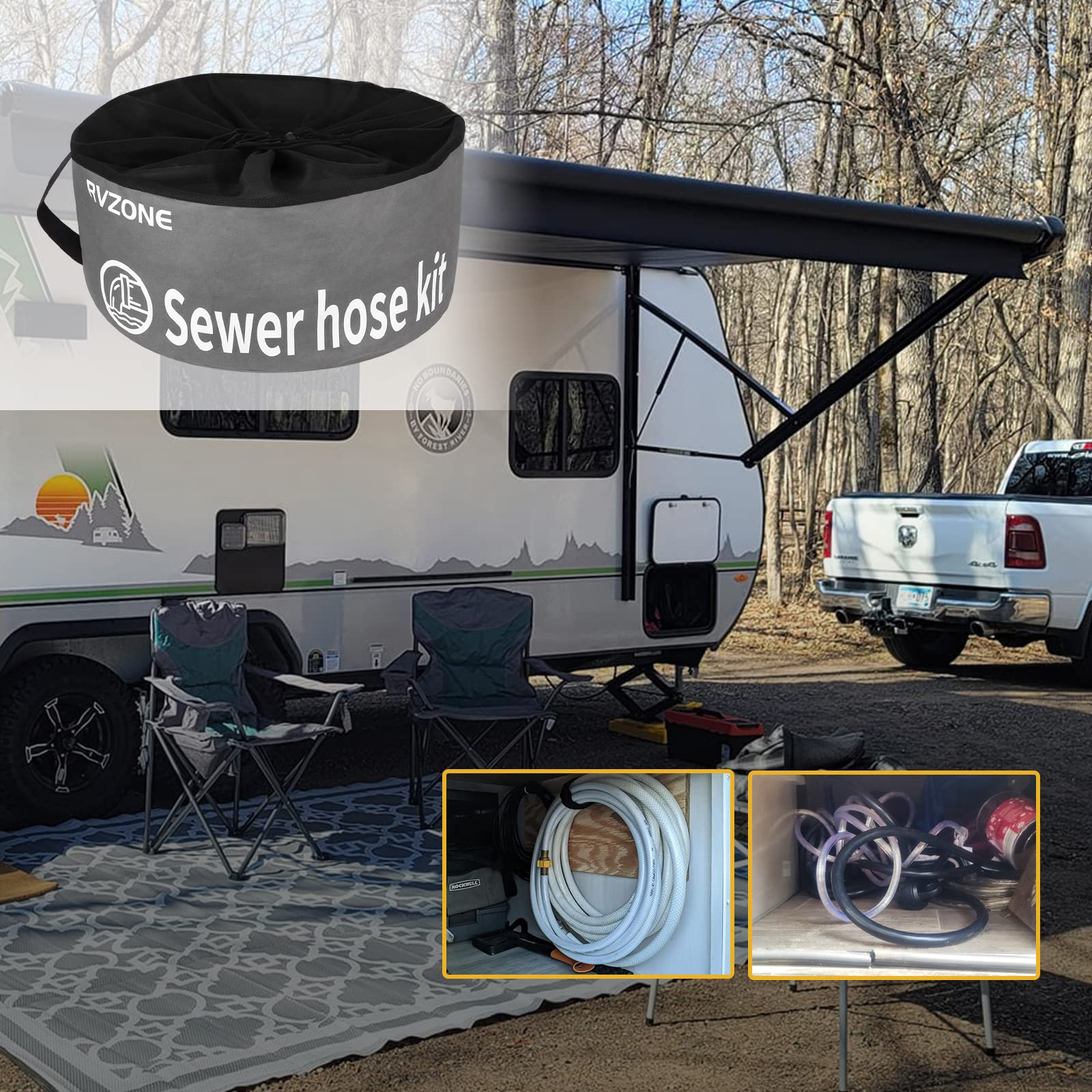 RVZONE Waterproof RV Hose Bag Organizer - Large Grey Polyester Utility Bag for Sewer, Fresh Water Hoses & Electrical Cords