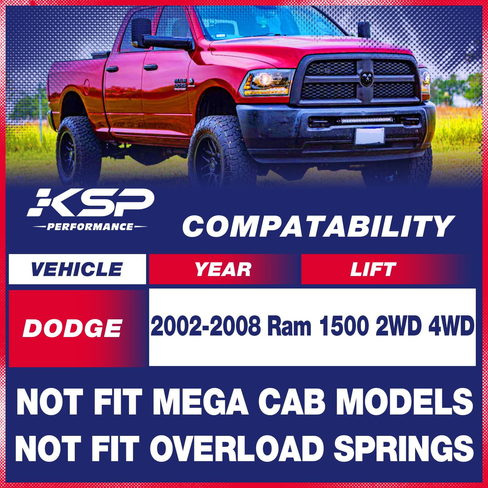 KSP PERFORMANCE 2" Rear Lift Blocks for Dodge Ram 1500 (2002-2008) 2WD/4WD, Alloy Steel, Model 9R212101-20,