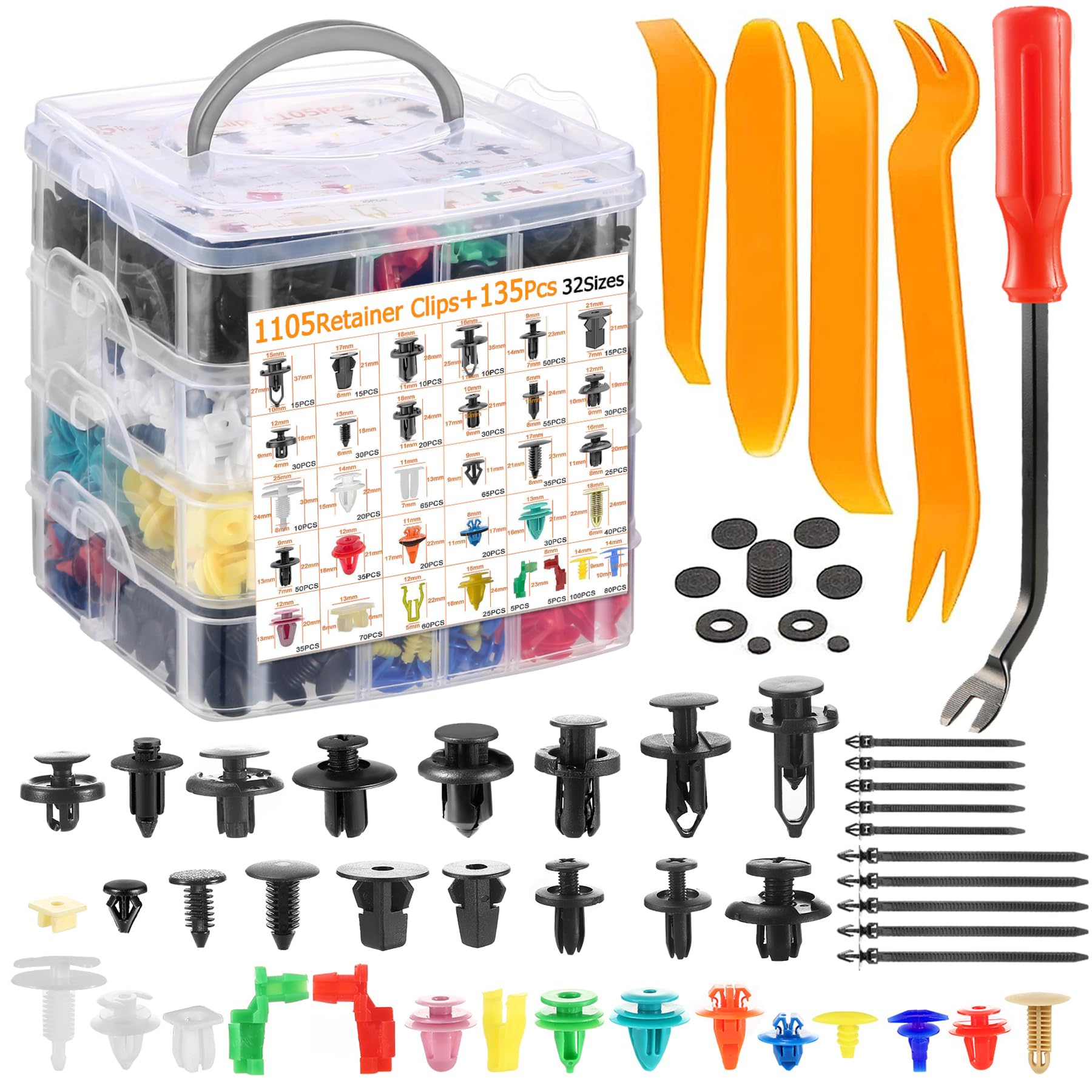 Uolor 1240Pcs Car Push Retainer Clips & Auto Fasteners Kit - 32 Most Popular Sizes Nylon Bumper Fender Rivets with 10 Cable Ties
