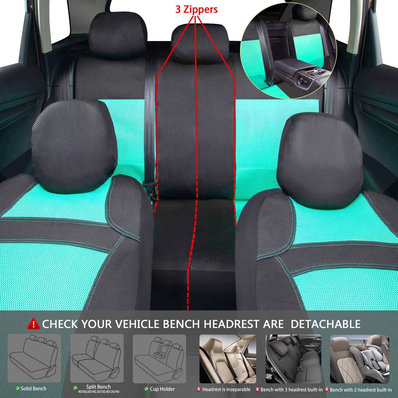 Car Pass Universal 13Pcs 3D Air Mesh-100% Breathable Seat Covers Full Sets#Steering Wheel&Belt Cover #Airbag And Rear Split Benc