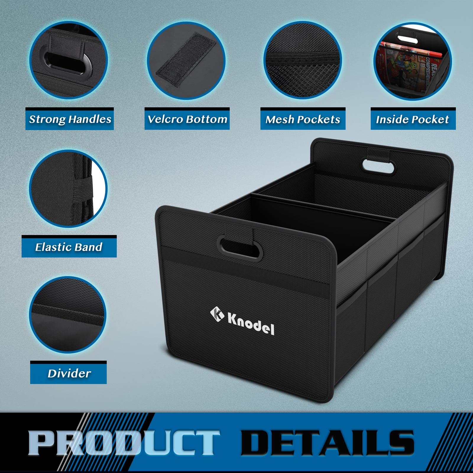 K KNODEL Car Trunk Organizer - Foldable Storage with Reinforced Handles, Black, Durable Polyester