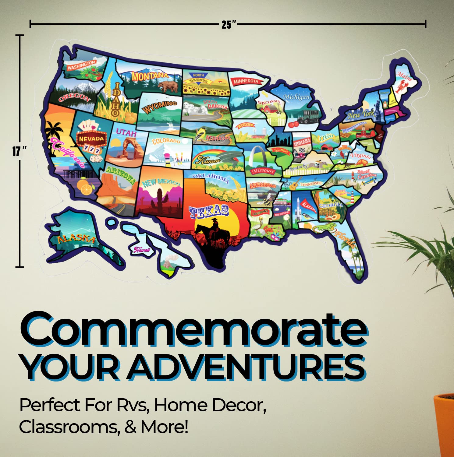 RV State Sticker Travel Map - 17 x 11 inch Large USA Decal with 50 Waterproof USA Stickers - Non-Fade Door, Window, Wall RV Decals - Fun Visited Map for Camper, Motorhome, Trailer (Vivid)