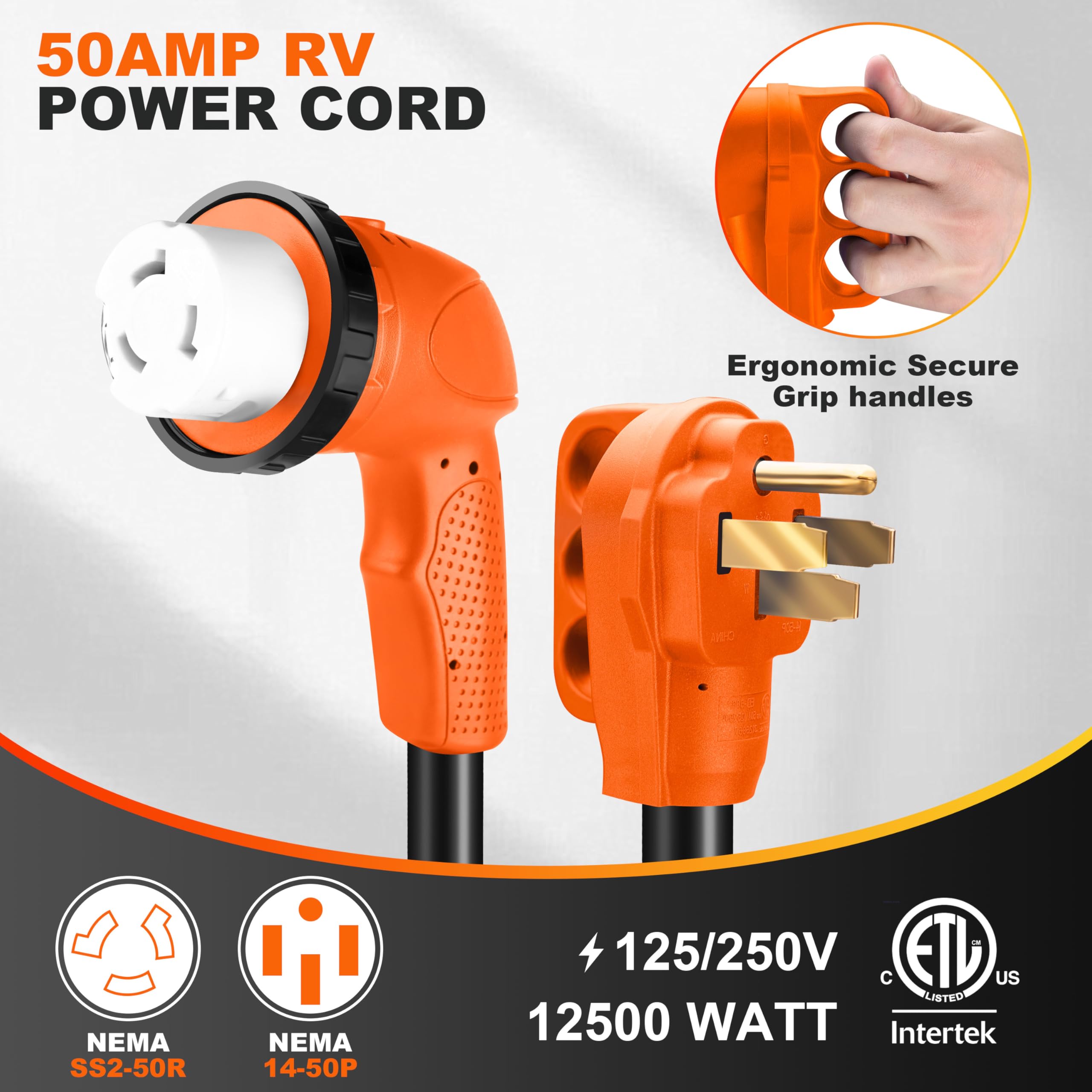 Ficstar 50 Amp RV Extension Cord, 50 ft Heavy Duty SJTW, NEMA 14-50P to SS2-50R, Black with Grip Handle and LED Indicator
