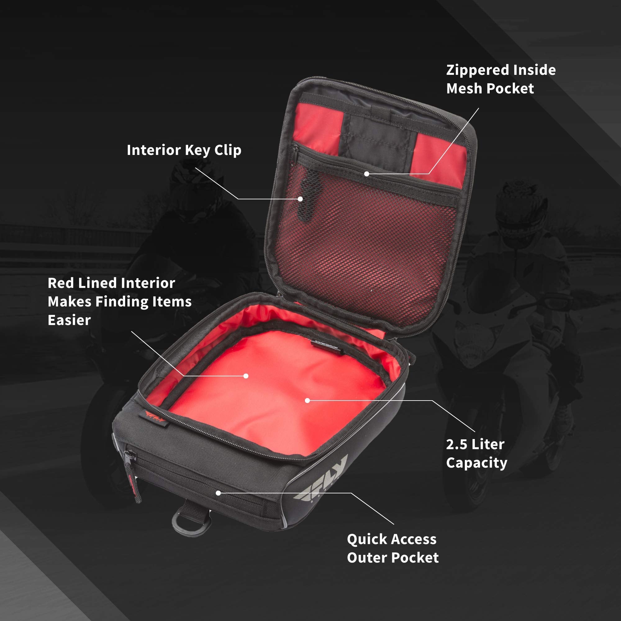 Fly Racing Mini Tank Bag, Stay-Dry Motorcycle Bag, 2.5-Liter Capacity