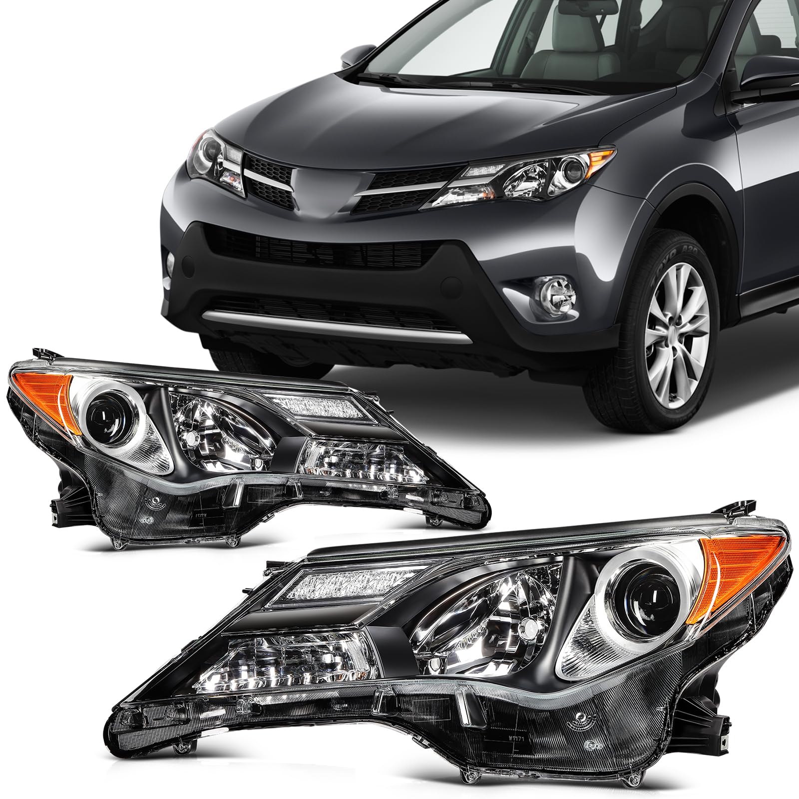 SCITOO Headlight Assembly Fit 2013-2015 for Toyota RAV4 Black Housing Amber Reflector Pair Headlights 81170-OR042