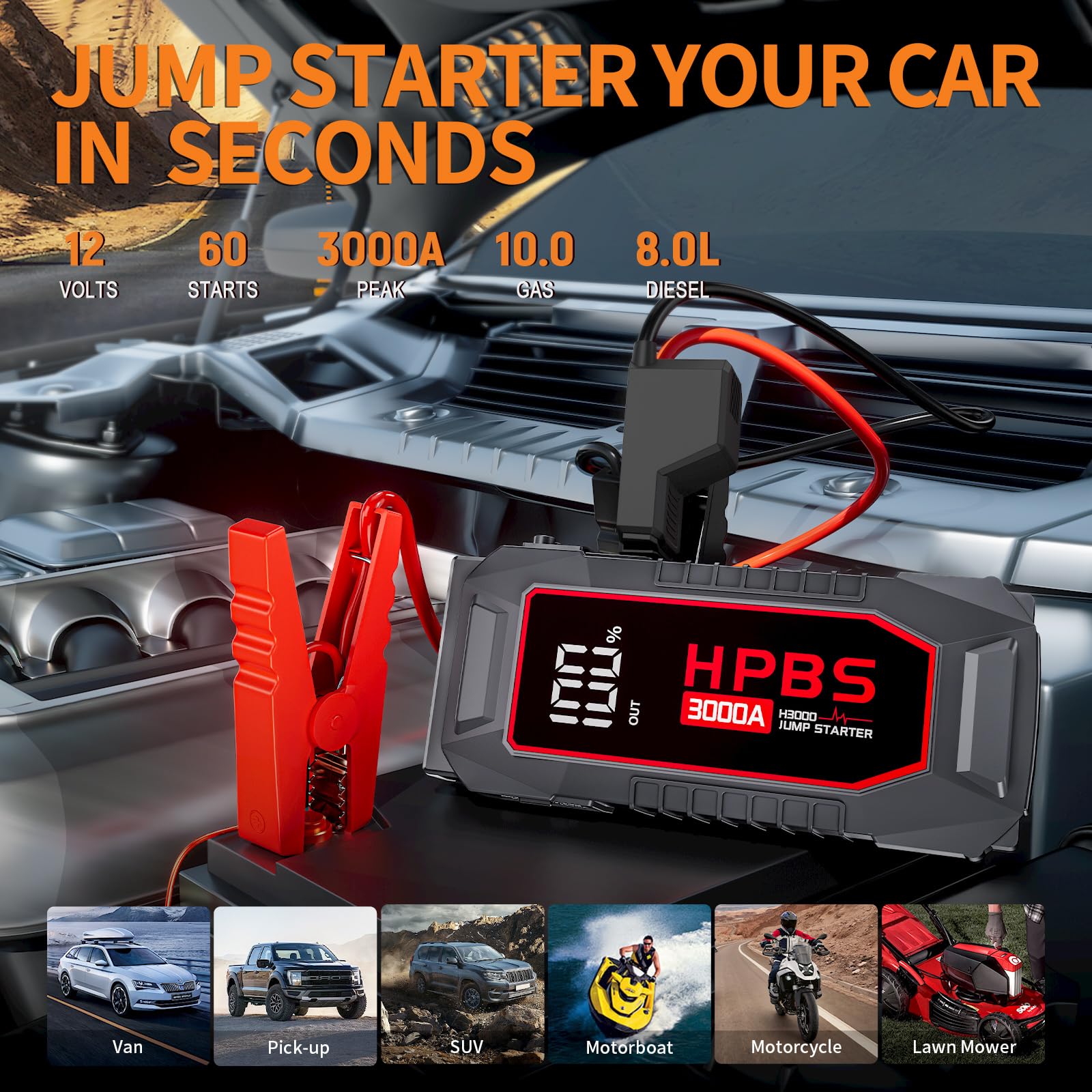HPBS 3000A Car Battery Jump Starter for Up to 10L Gas & 8L Diesel Engines, 12V Portable with 3.0" LCD Display, Model H3000