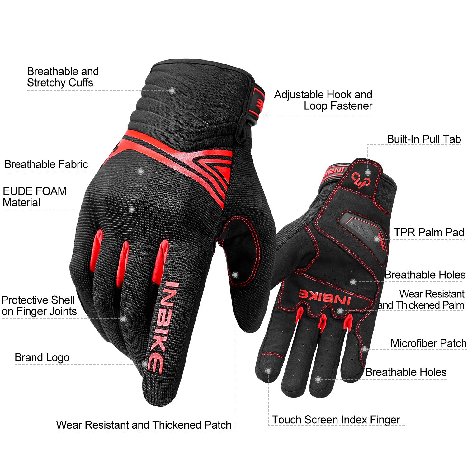 Inbike Breathable Mesh Motorcycle Gloves Touchscreen With Tpr Palm Pad Hard Knuckles Black Red X-Large