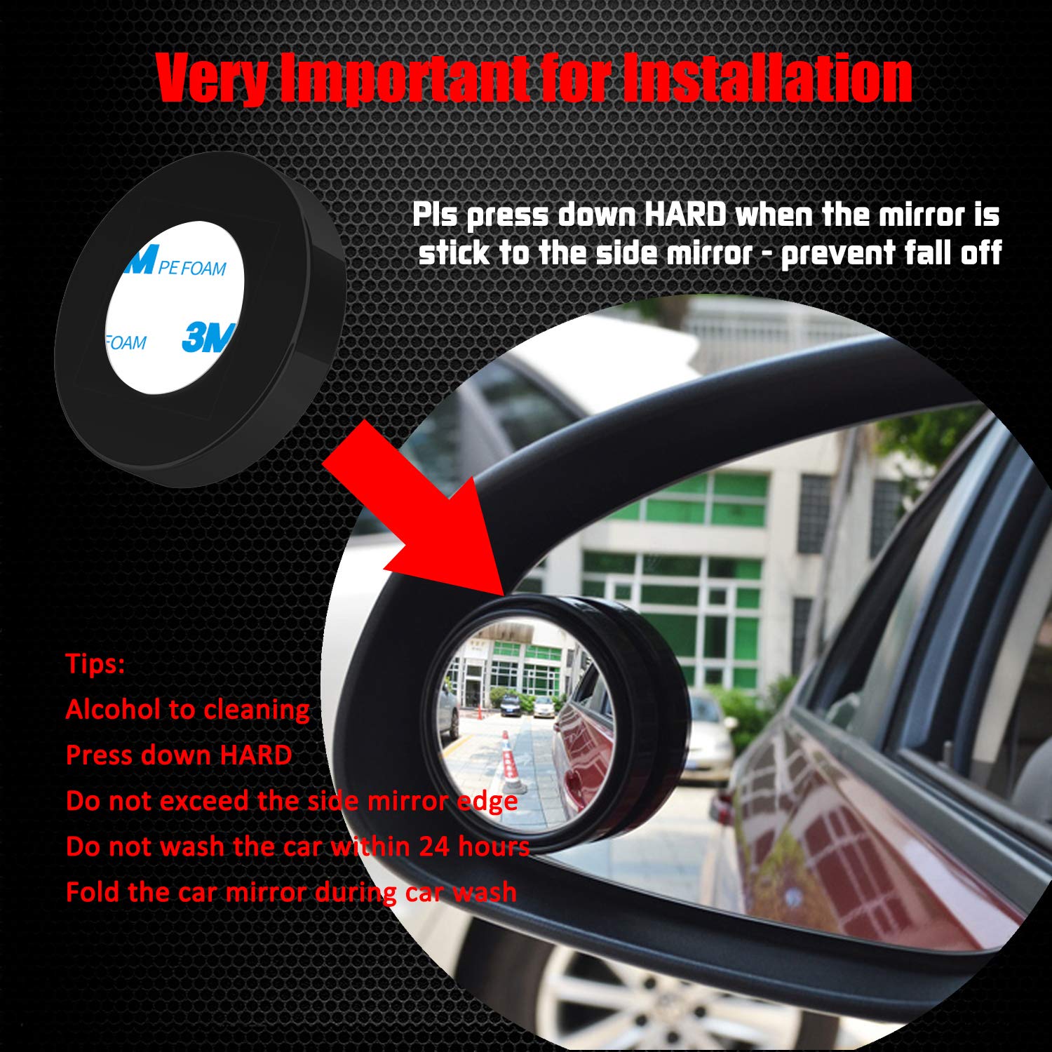 Ampper 2'' Round Blind Spot Mirror, 360 Degree Adjustabe Hd Glass And Abs Housing Convex Round Stick-On Mirror For Car (Black, P
