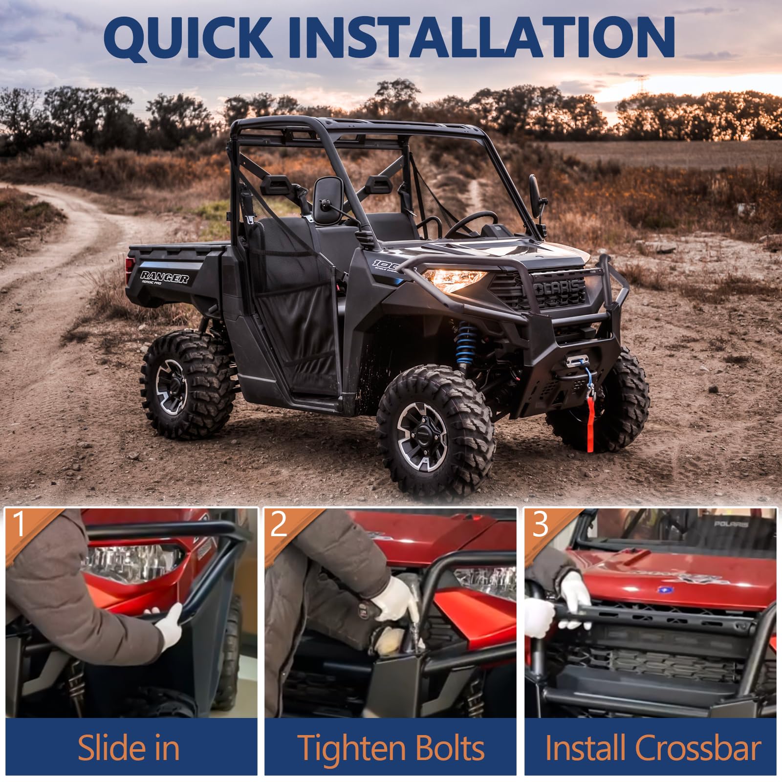 StarknightMT Ranger XP 1000 Front Bumper - Alloy Steel Black Brush Guard for 2018-2024 Polaris Ranger 1000/Ranger Crew XP 1000