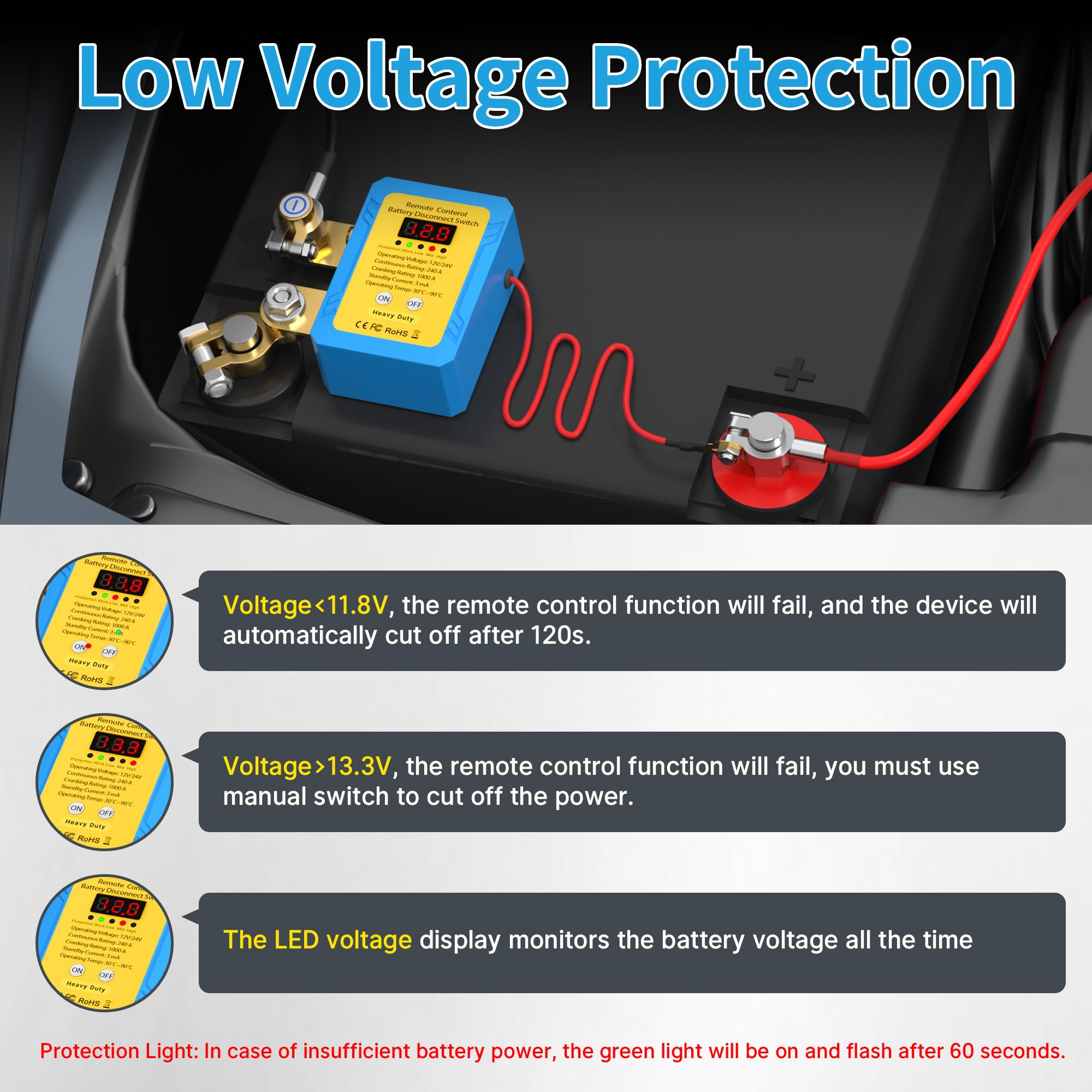 Joinfworld Kill Switch For Car 12V 240A Remote Battery Disconnect Switch With Led Voltage Display Car Kill Switch Anti-Theft Aut