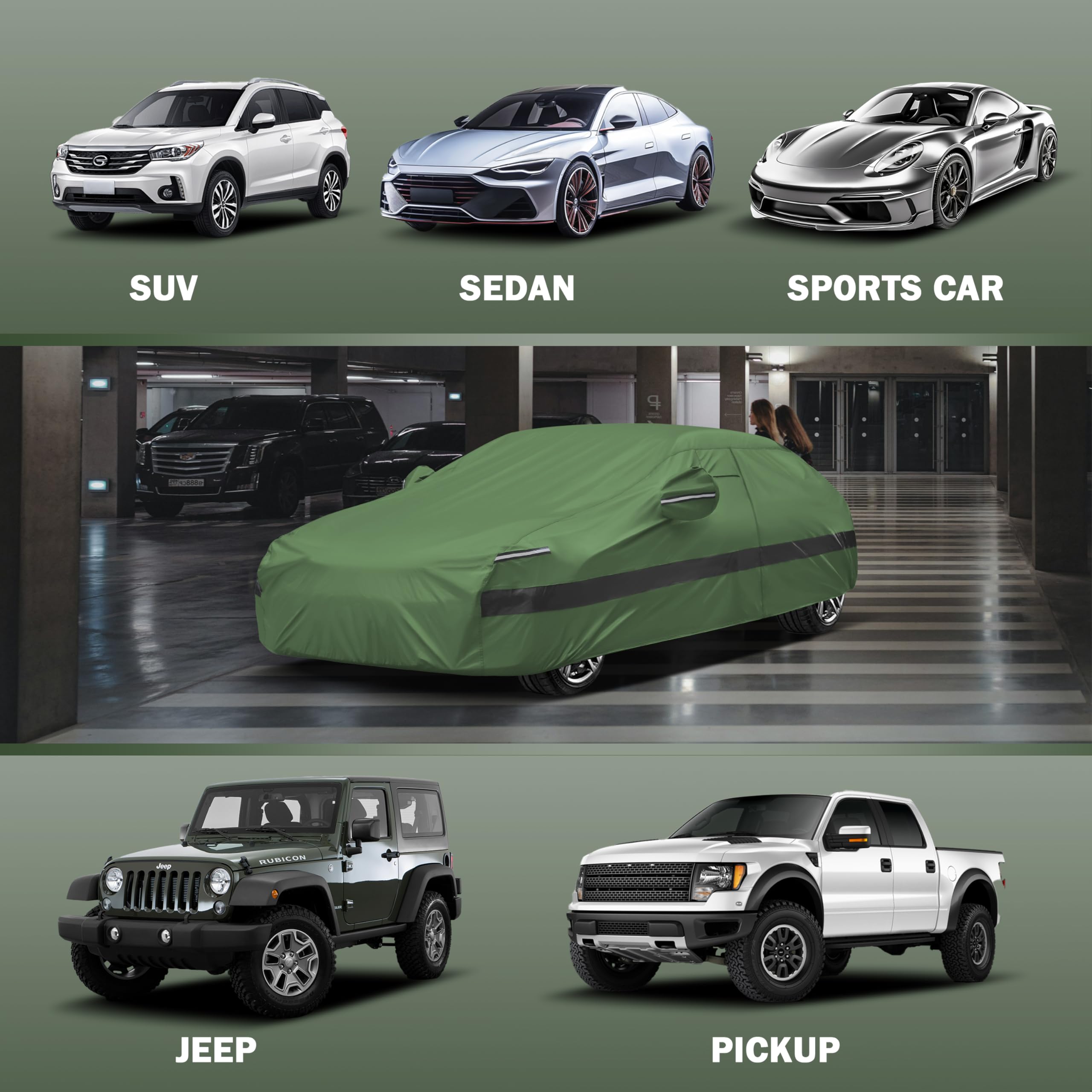 JURMON Heavy Duty Outdoor Car Cover for Ford F150, Waterproof Cotton, Army Green, Full Coverage, UV Protection, Size L