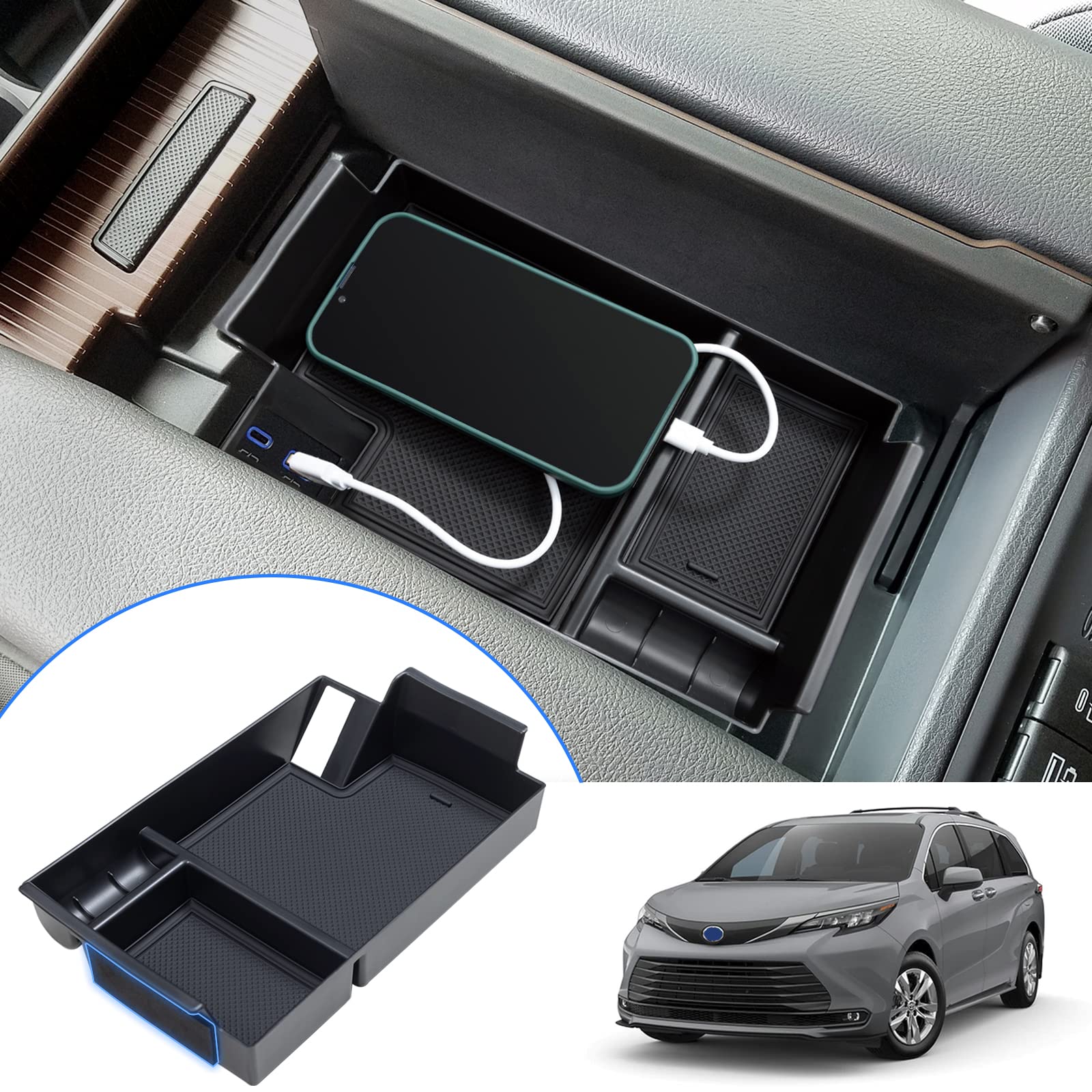 Topinstall Console Organizer Compatible With 2021-2025 Toyota Sienna, Armrest Box Secondary Storage Center Console Tray Coin Container Abs Plastic