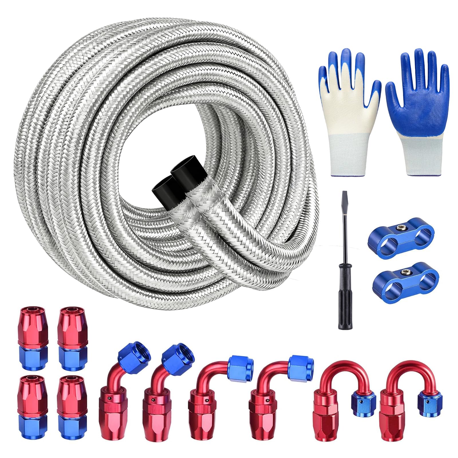 EVIL ENERGY 6AN Fuel Line Kit 20FT, 6AN Hose Stainless Steel Braided Fuel Line Fitting Kit with Installation Tools CPE, Silver