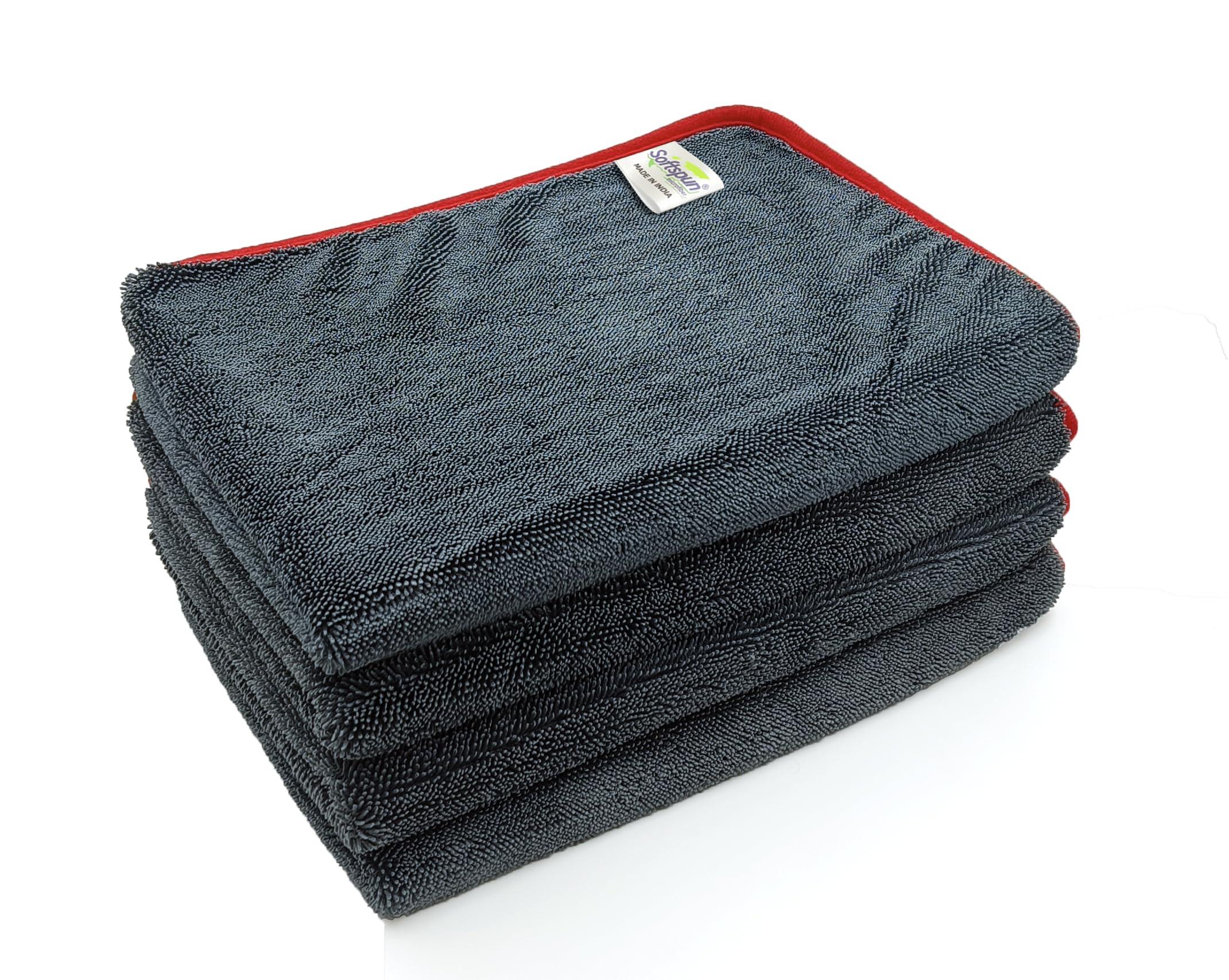 SOFTSPUN Microfiber Cloth for Car  600 GSM, 40X60cms, 4Pcs, Grey Twisted Loop Super Absorbent Towel  Edgeless Design with Plus