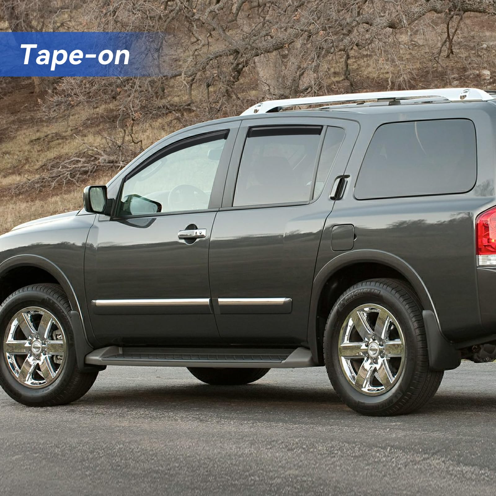 YQAUTEC Window Visors for 2004-2016 Nissan Armada, Dark Smoke Tinted, Out-Channel Wind Deflectors, Model YD-077