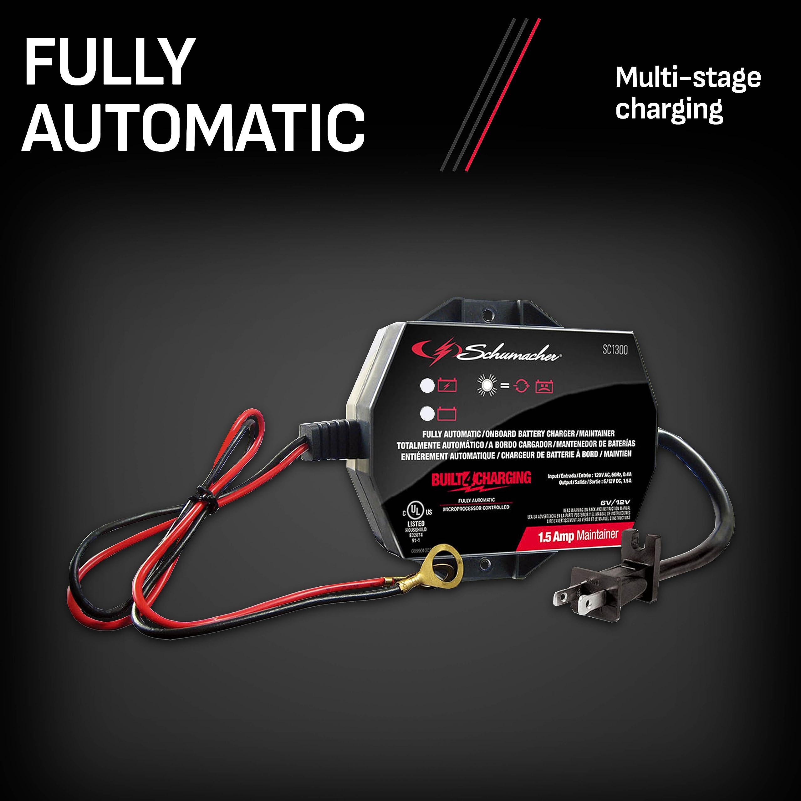 Schumacher SC1300 Fully Automatic 1.5A Battery Charger/Maintainer - 6V/12V for Cars, Motorcycles, Lawn Tractors - Black
