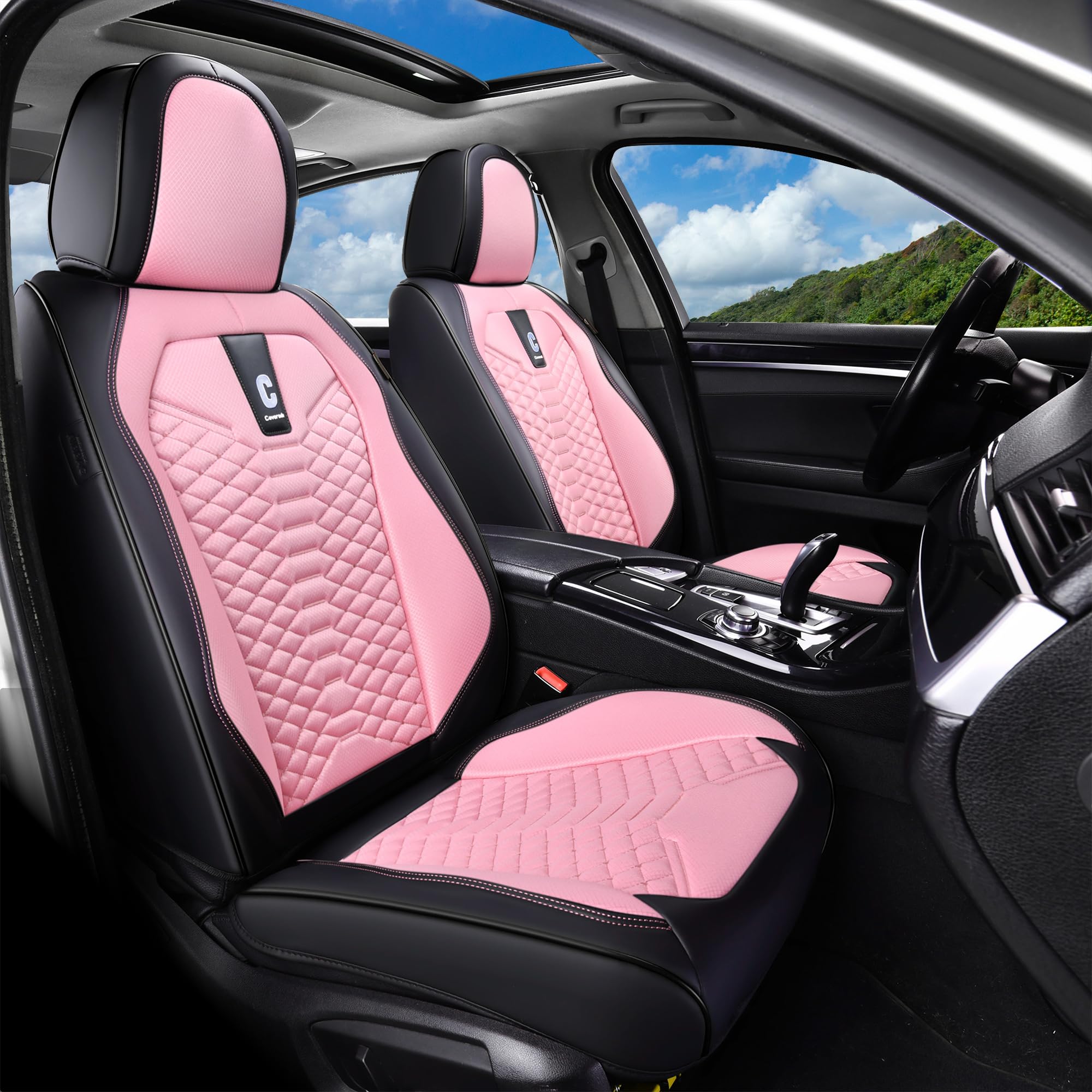 Coverado Car Seat Covers Full Set - Breathable Faux Leather & Fabric, Soft-Pink, Fits Most Sedans, SUVs & Trucks, Model D-8847