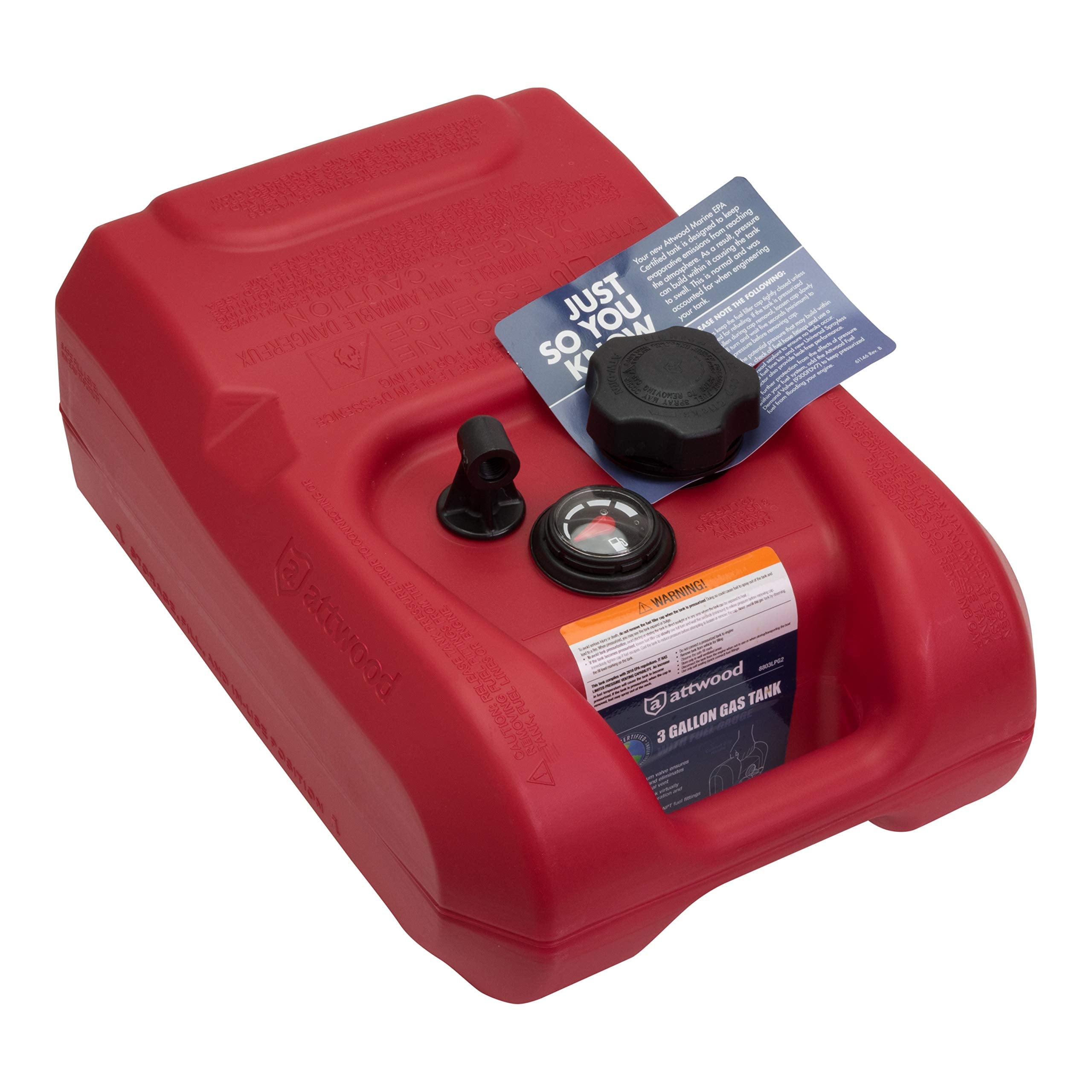 Attwood 8803Lpg2S Epa And Carb Certified Portable Boat Gas Tank With Gauge, 3 Gallon Capacity