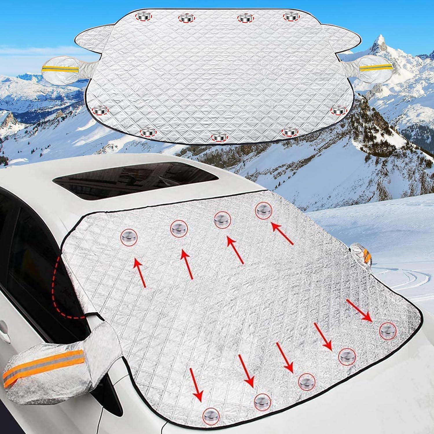 Whixant Car Windshield Sunshade Cover  Car Windshield Snow Cover for Winter and Sunshade for Summer  Universal Magnetic Ice Sn