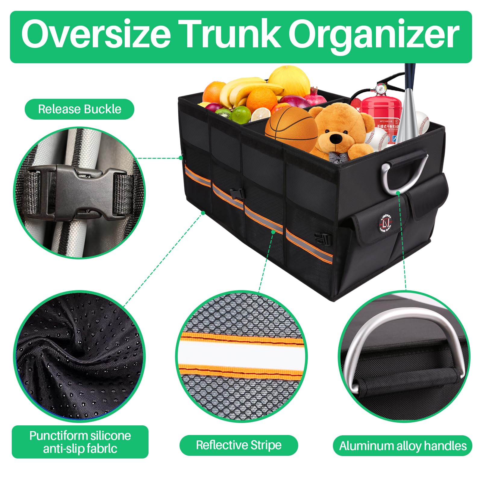 LI LIBZAKI Trunk Organizer - Premium Collapsible Cargo Storage, Black, Regular Size, Polyester, Model Lib-Trunk-Black-t