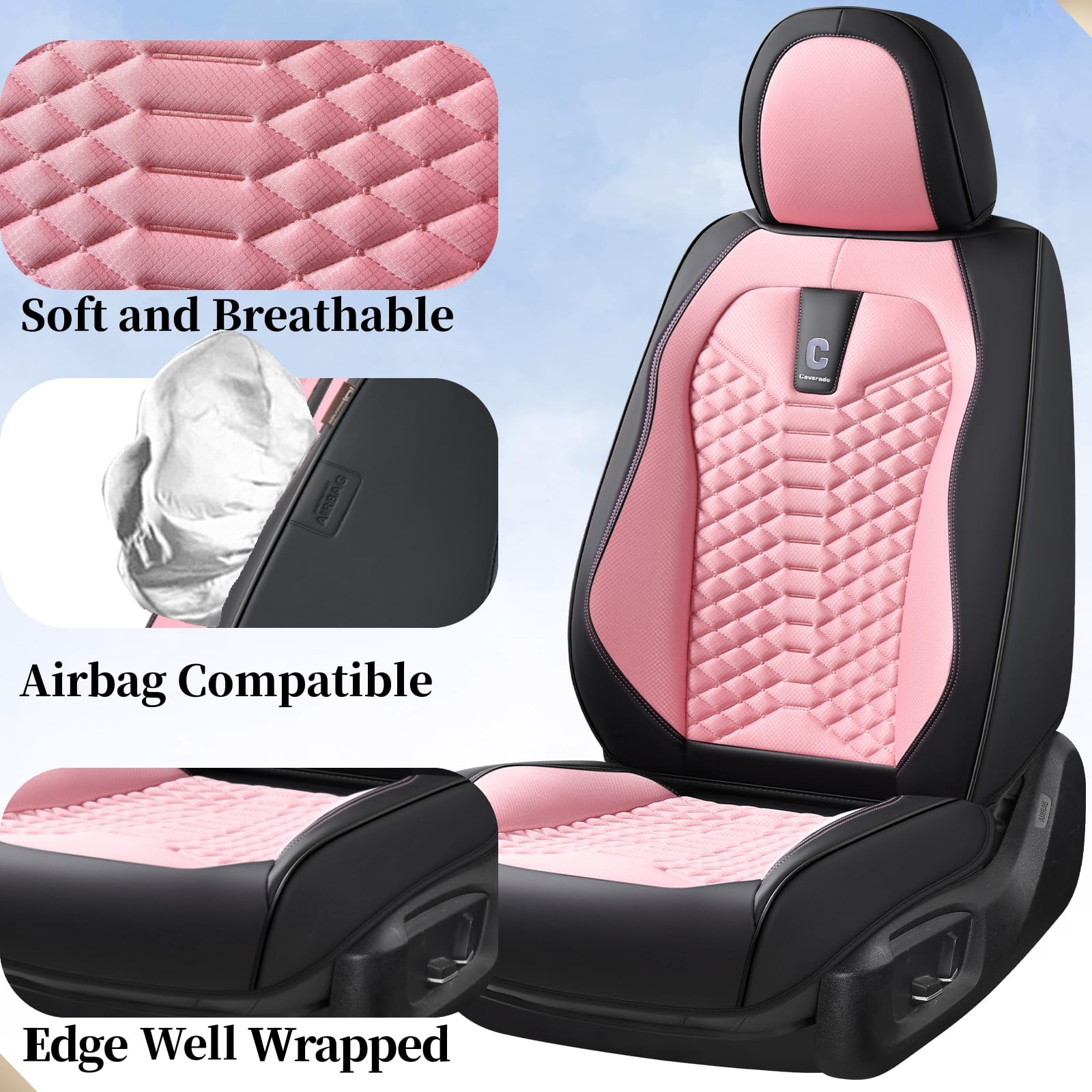Coverado Car Seat Covers Full Set - Breathable Faux Leather & Fabric, Soft-Pink, Fits Most Sedans, SUVs & Trucks, Model D-8847