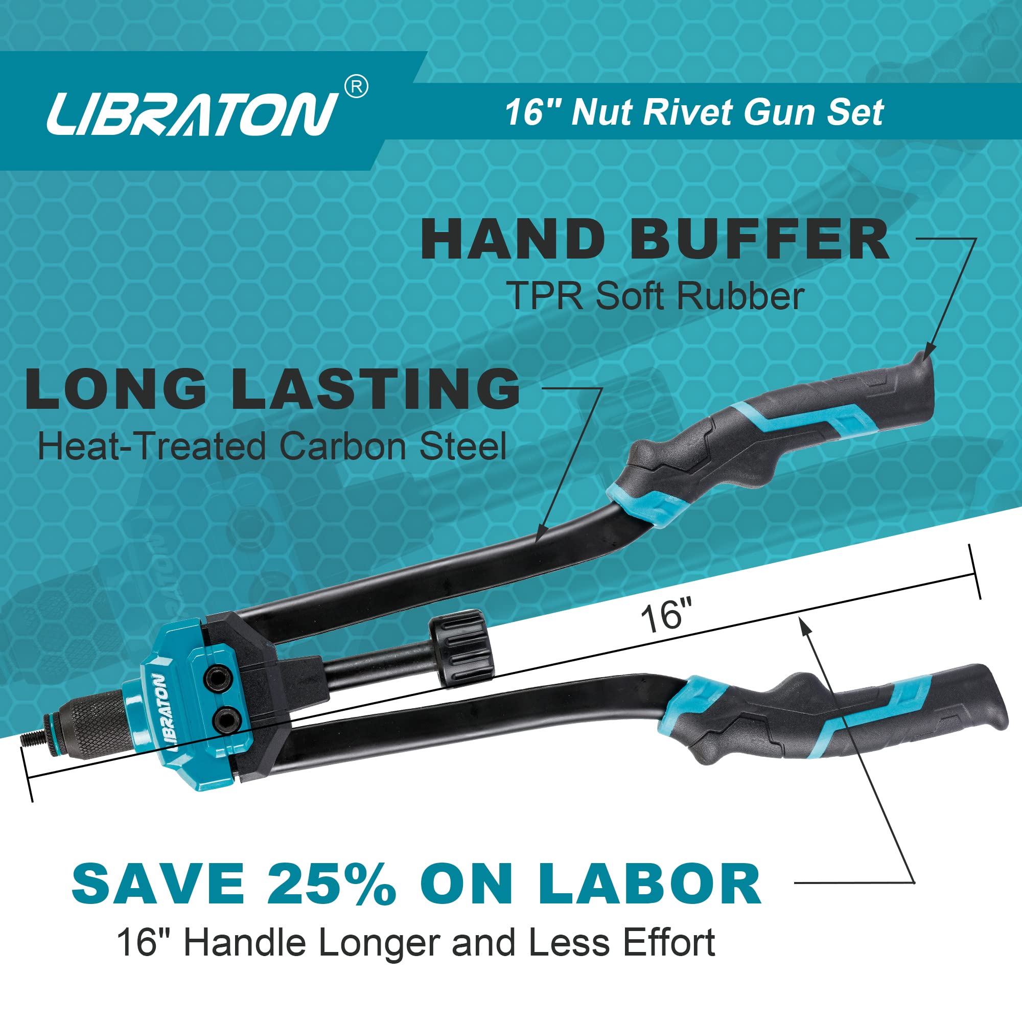 Libraton 16'' Rivet Nut Tool, Rivet Nut Gun, Hand Rivet Nut Setter With 110Pcs Rivet Nuts, 11Pcs Metric & Sae Interchangeable Ma