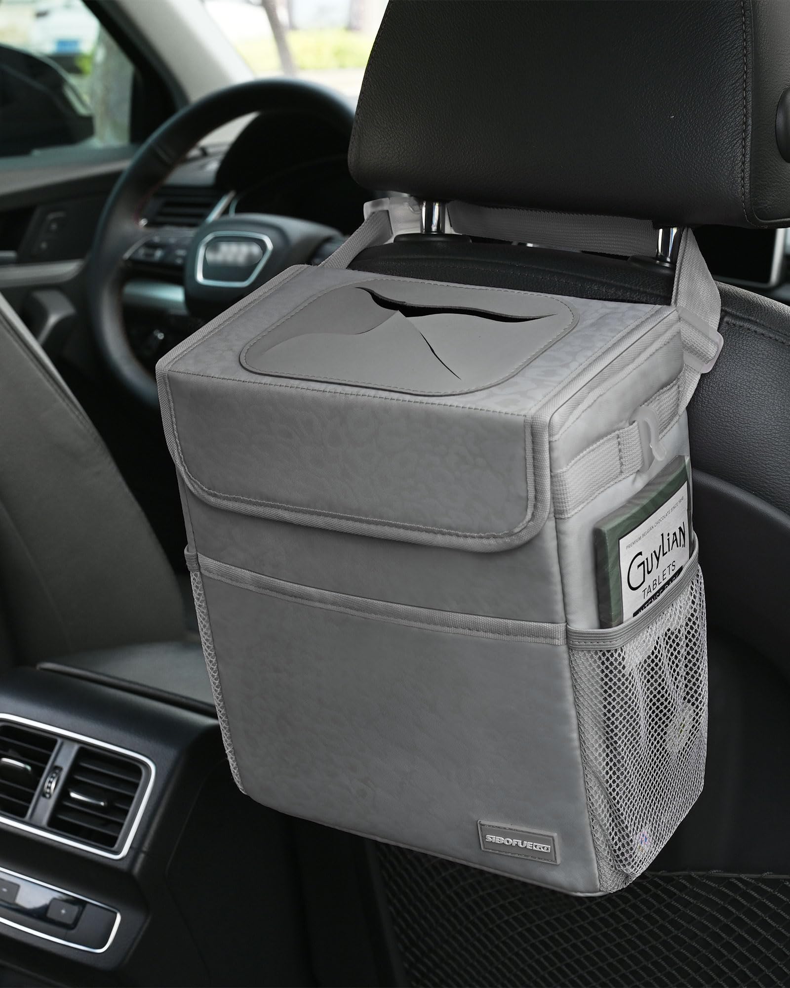 SIBOFUEGO Car Trash Can - Adjustable, Waterproof, 2 Gallons, Leopard Print Gray, Model SB23-08, Cute Collapsible Garbage Bin
