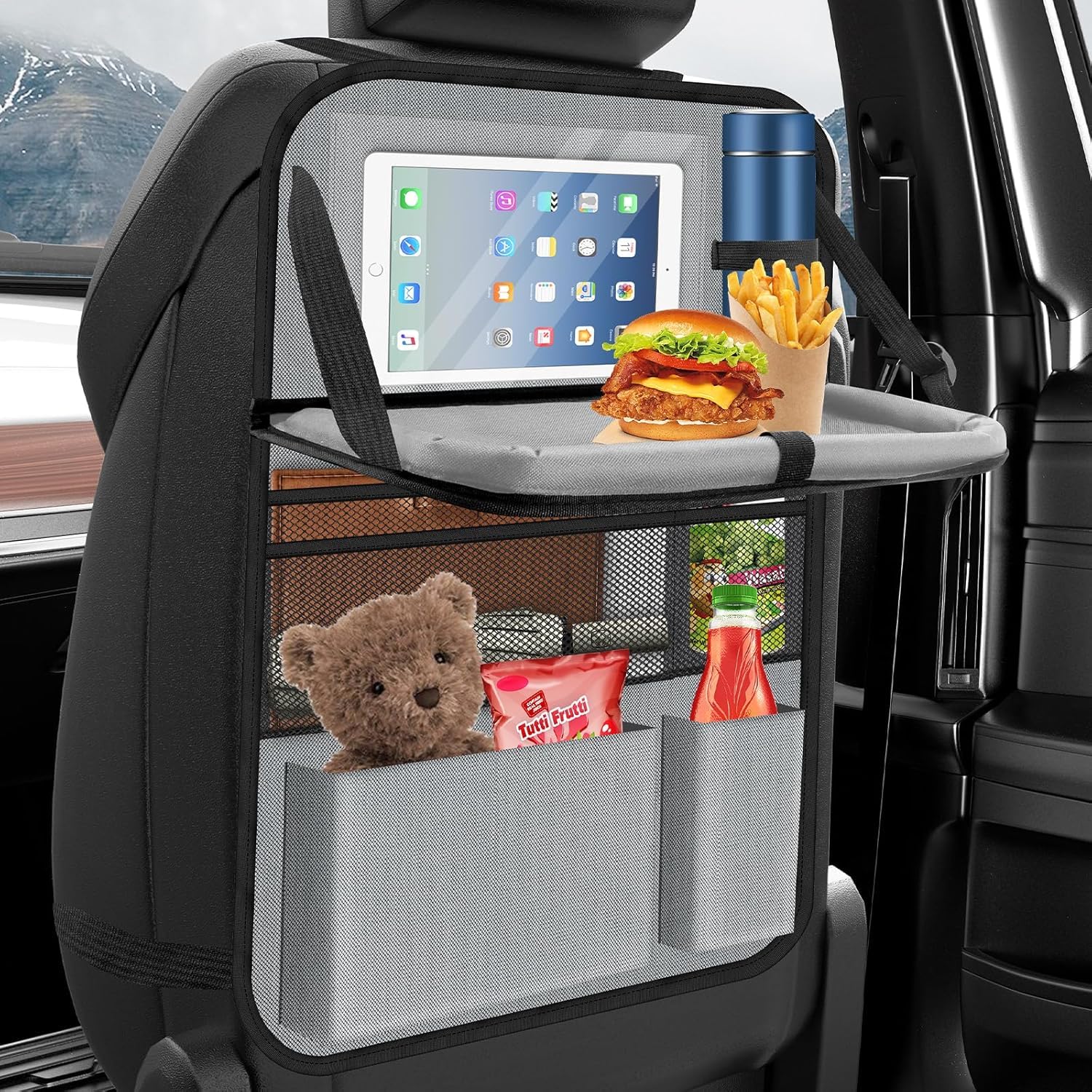 Oneyus Car Backseat Organizer with table Tray, 9 Storage Pockets Backseat Car Organizer with Tablet Holder, Back seat Organizer 
