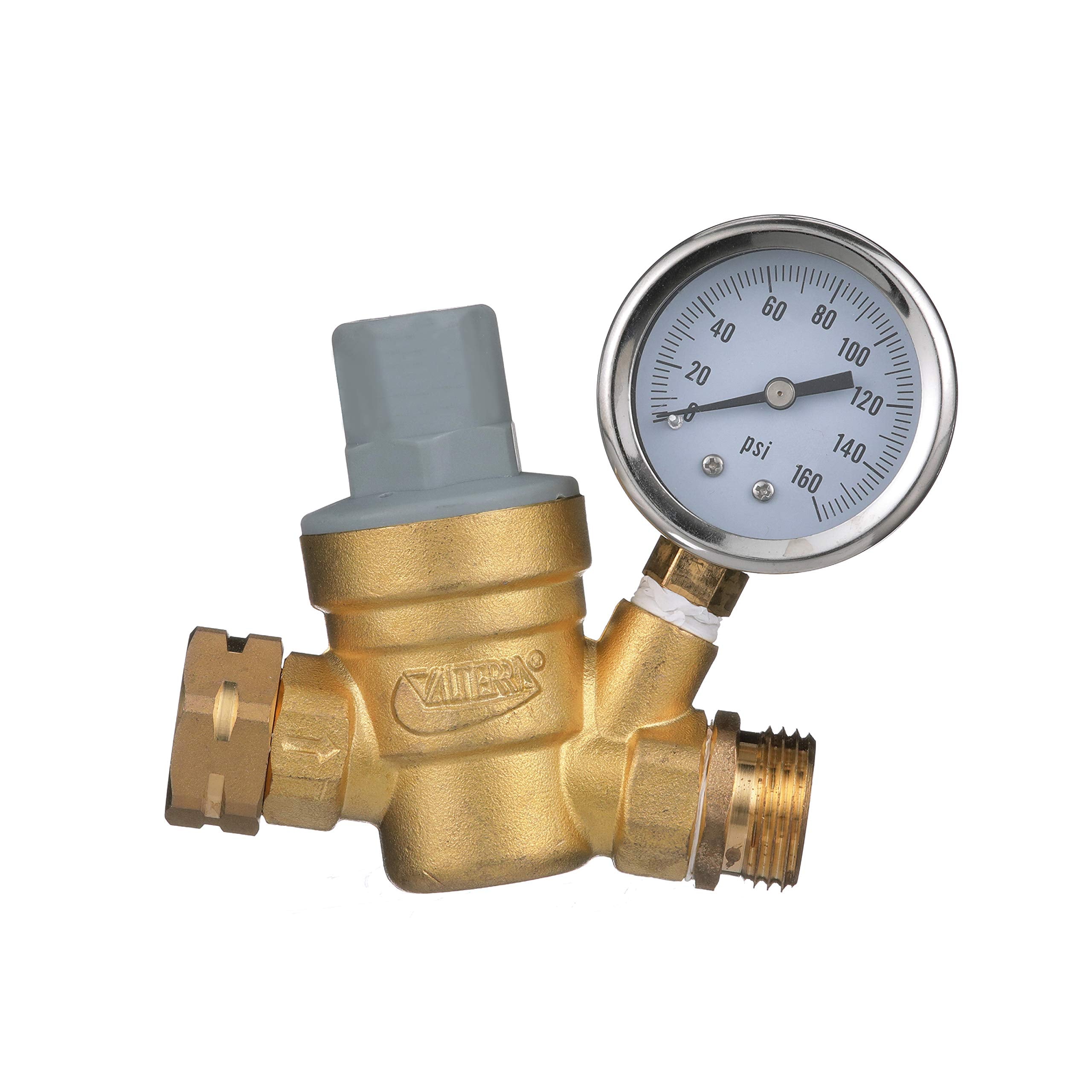 Valterra Rv Water Regulator, Lead-Free Brass Adjustable Water Regulator With Pressure Gauge For Camper, Trailer, Rv Plumbing Sys