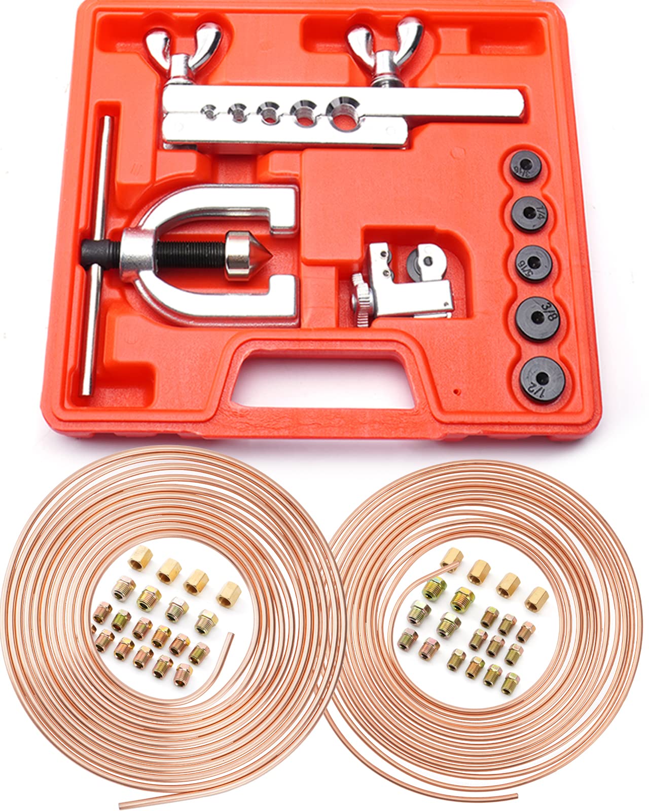 Racewill 25 ft 3/16'' + 1/4'' Copper Coated Brake Line Kit (Includes 32 Fittings and 8 Unions)+ Brake Line Double & Single Flari