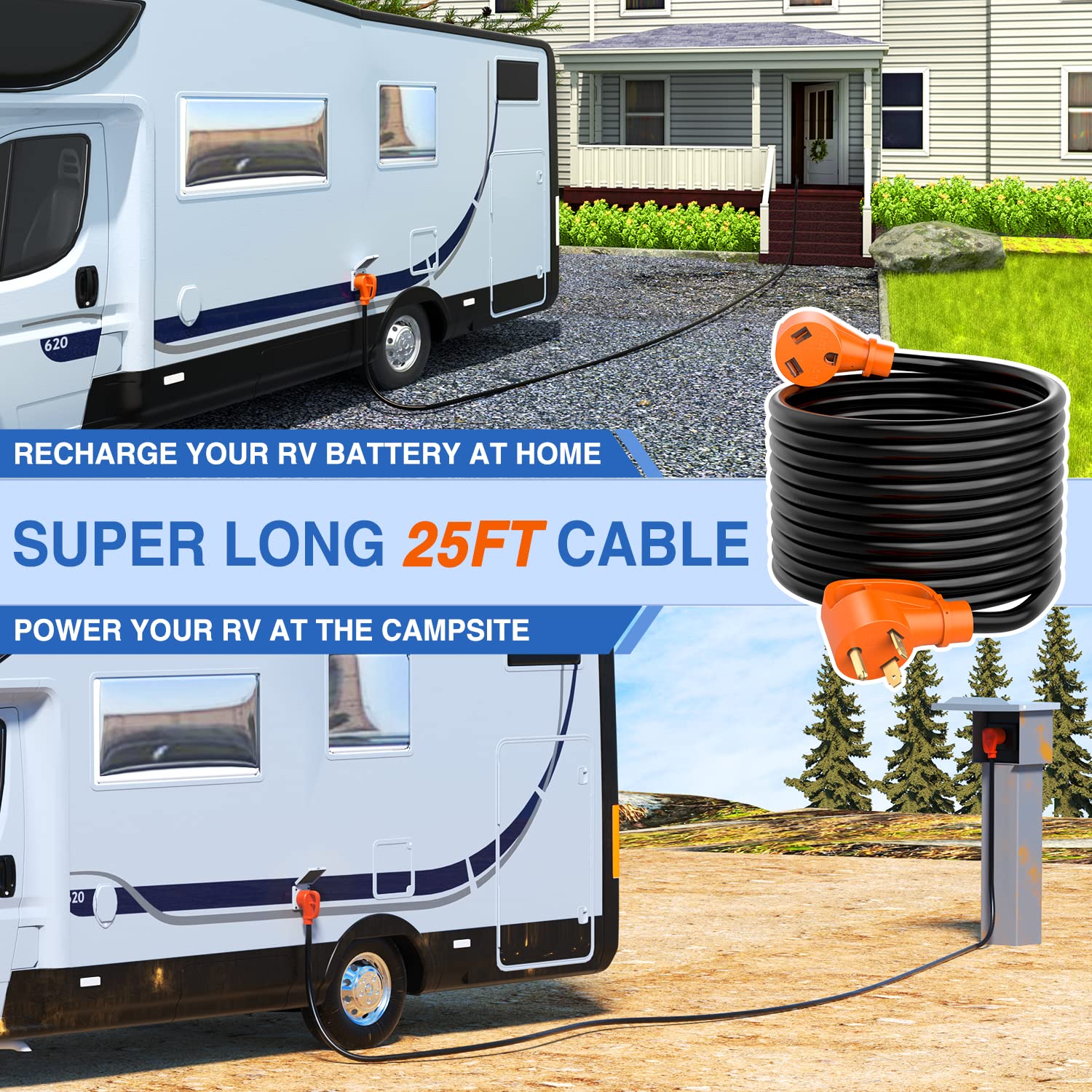 Nilight 30 Amp 25Ft Rv Extension Cord 125V Heavy Duty 10 Gauge Pure Copper Stw Wire Ul Etl Listed 3 Prong Tt-30P Tt-30R 30F/30M