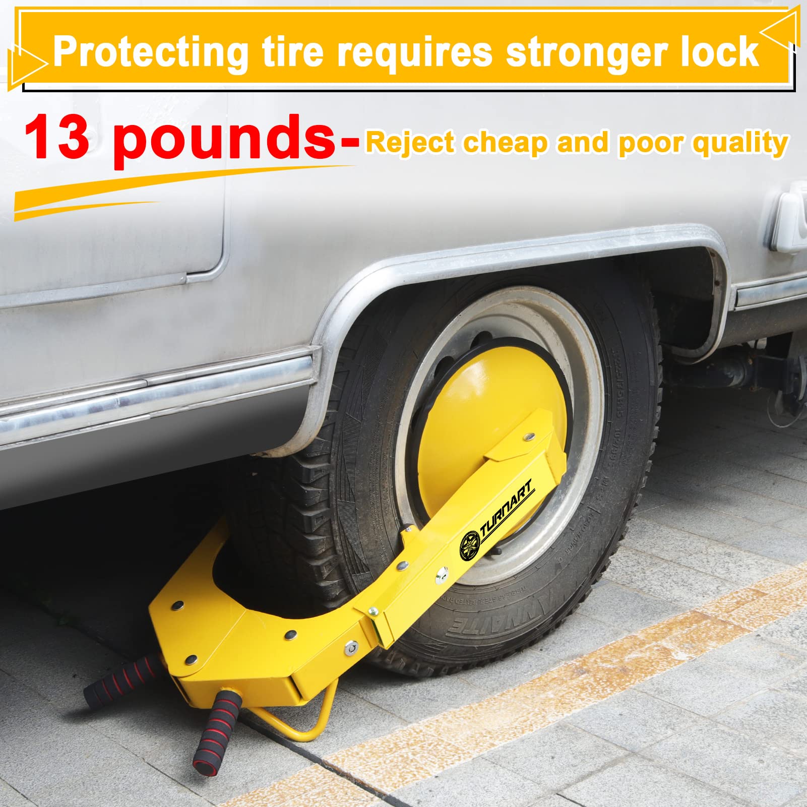 Turnart Wheel Lock Clamp - Adjustable Anti-Theft Tire Boot, Yellow, Aluminum, Model Turnart-619 for Cars, Trucks, RVs