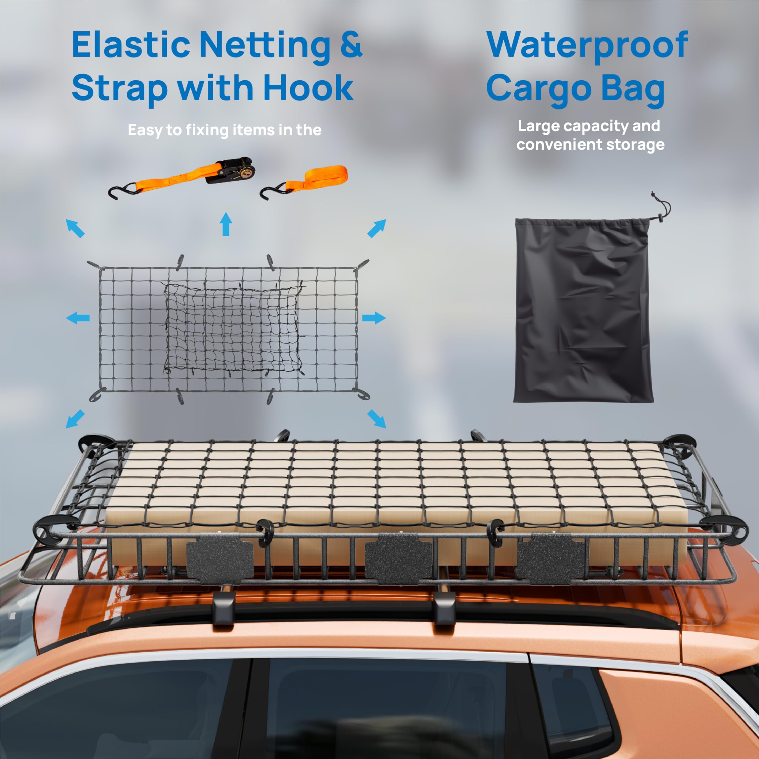 TUFFIOM Universal Rooftop Cargo Carrier Basket, 84"x39"x6", Dark Grey, Heavy Duty Steel Roof Rack with Net, Storage Bag, Straps