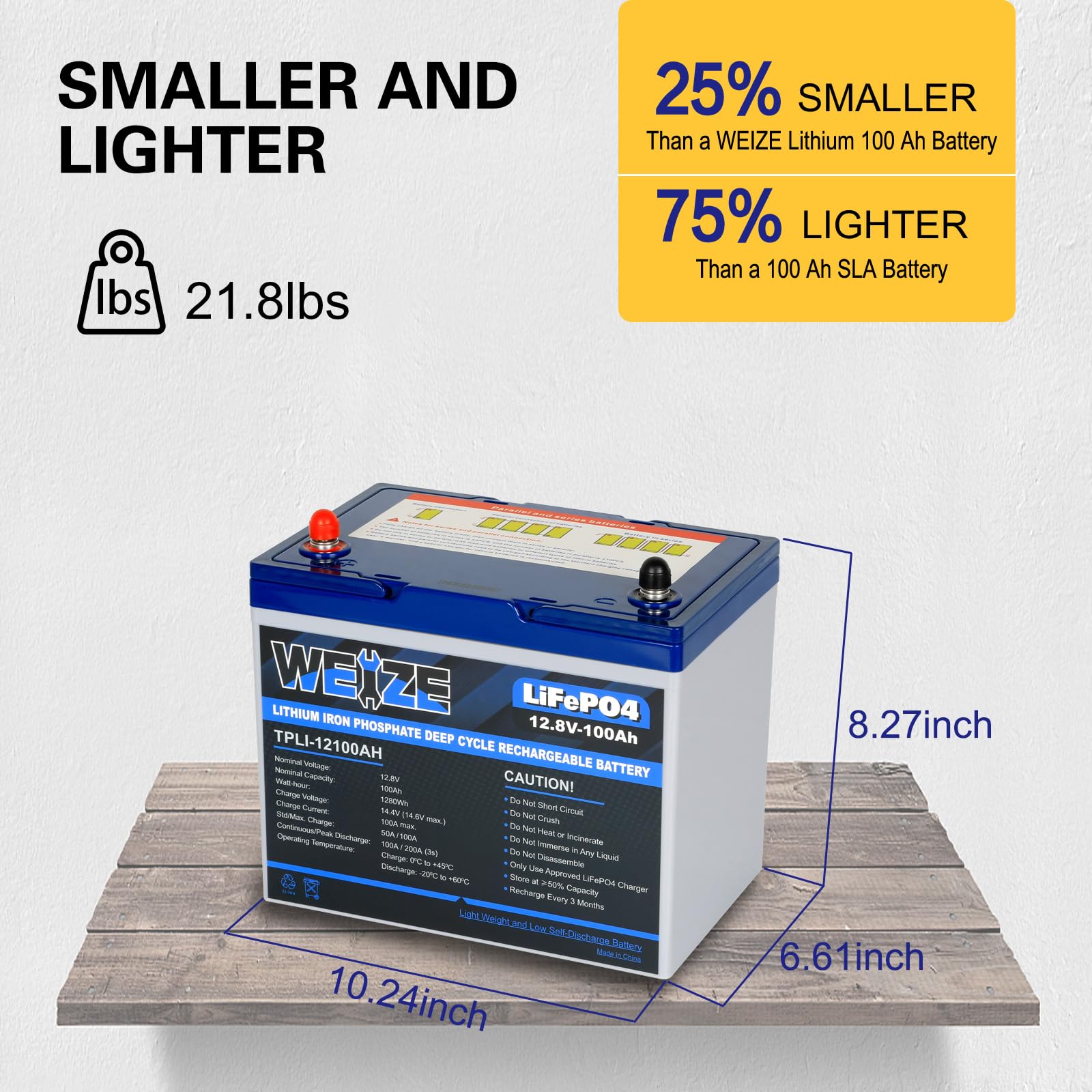 Weize 12V 100Ah Mini Lifepo4 Battery, Built-In 100A Smart Bms, Deep Cycle Lithium Iron Phosphate Battery Perfect For Rv, Solar,