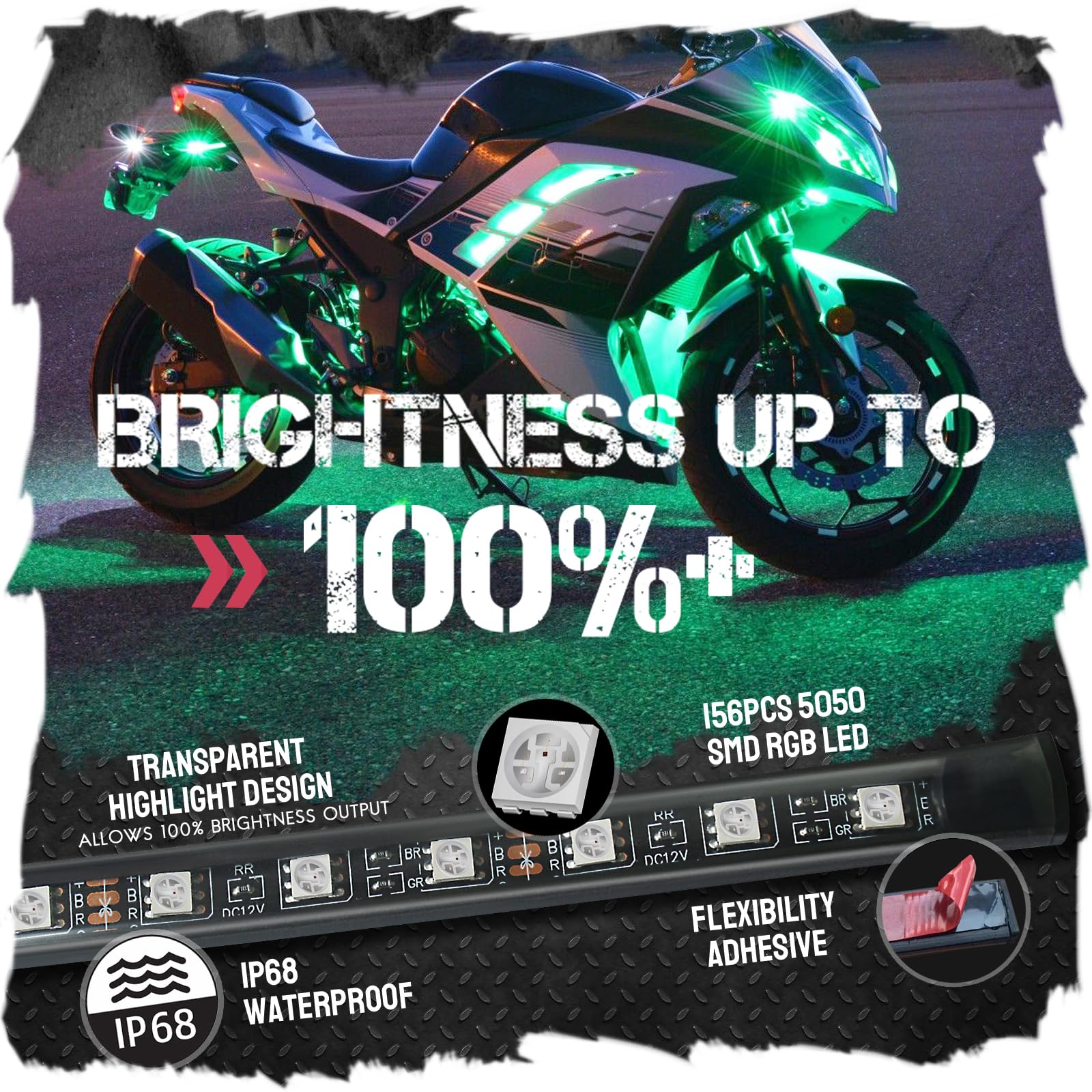 JJunLiM 12PCS Motorcycle Underglow LED Strip Light Kit Waterproof RGB Neon Accent Light Ground Effect Atmosphere Light Strips DC