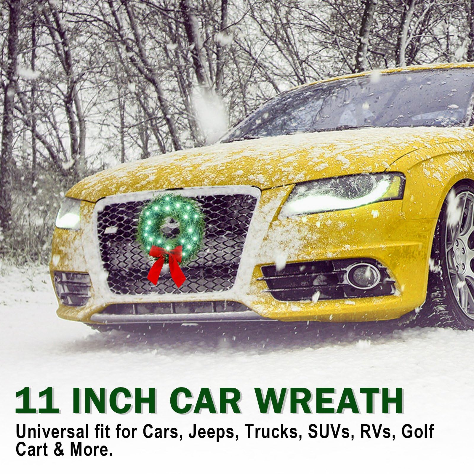 moveland LED Car Wreath - 11" Green Artificial Wreath with Red Bow, 12V Plug-in - Christmas Decoration for Cars, Golf Carts, SUVs