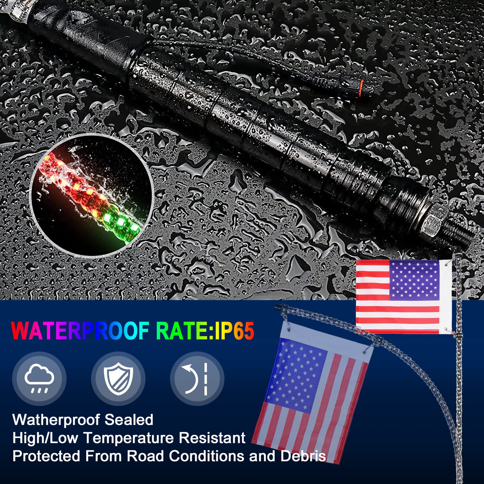 SAFEBAO 3FT-2PC LED Whip Lights for UTV, RGB Multi-Color, Remote Control, APP-Supported, Model TS-228-3FT-2PC