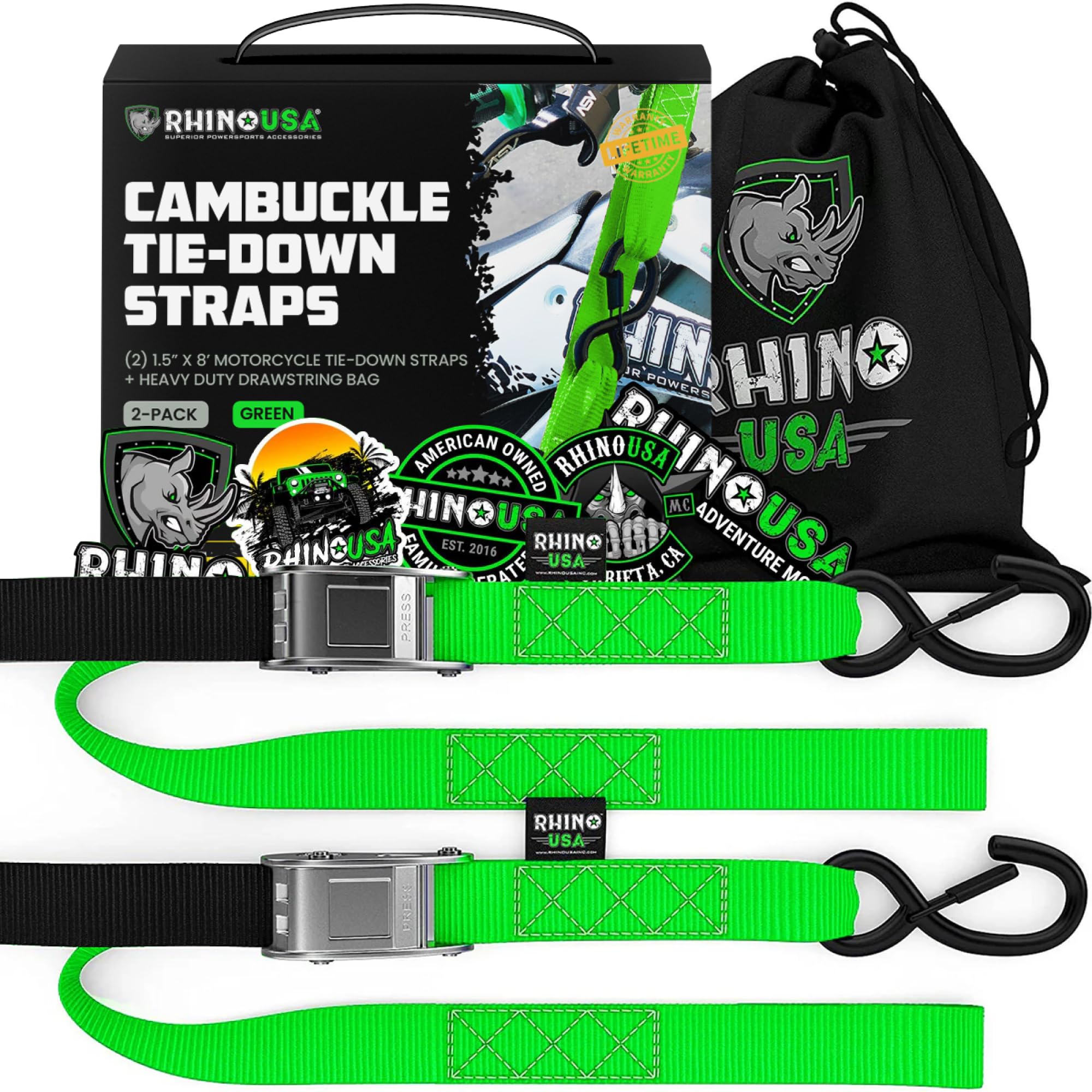 Rhino Usa Motorcycle Tie Down Straps (2 Pack) Lab Inspected 3,328Lb Break Strength, Steel Cambuckle Tiedown Set With Integrated 