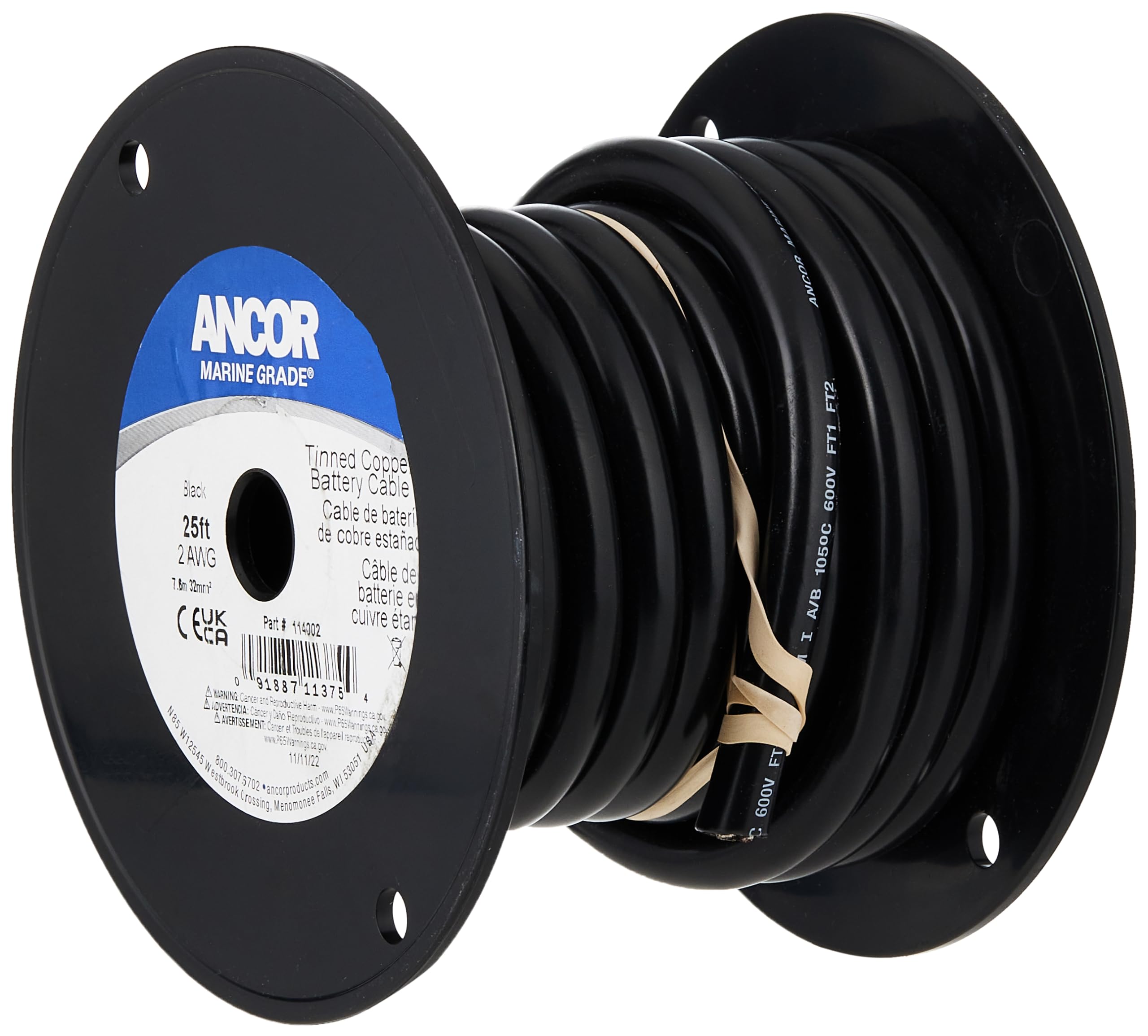 Ancor 114002 Tinned Copper Battery Cable, 2 Awg (32Mm2), Black - 25Ft