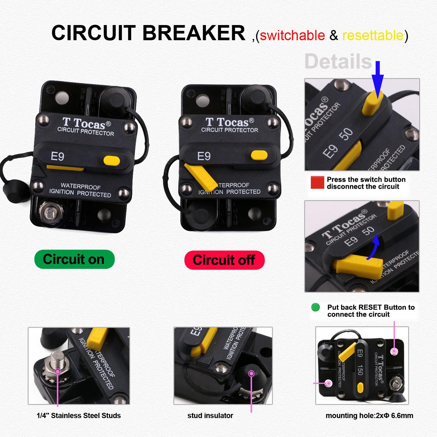 T Tocas 60A Type Iii Surface-Mount Circuit Breakers For Boat Marine Rv Yacht Battery Truck Solar, 12V - 48V Dc,Waterproof, 60 Amps Dc Breaker