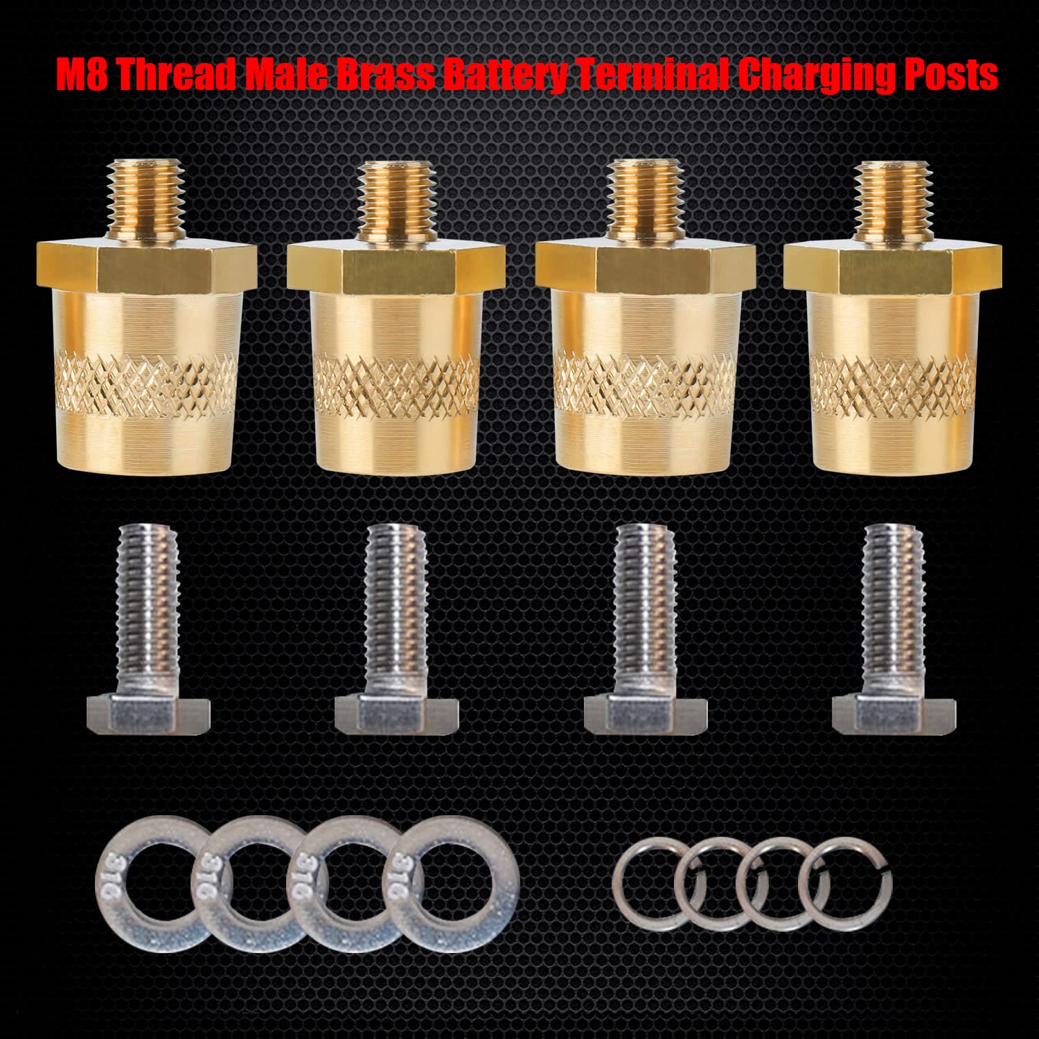 Ampper M8 Thread Male Brass Battery Charging Post Terminals, M8 Battery Post Adapter (+/-) With Top Bolts For Extension, Pack Of