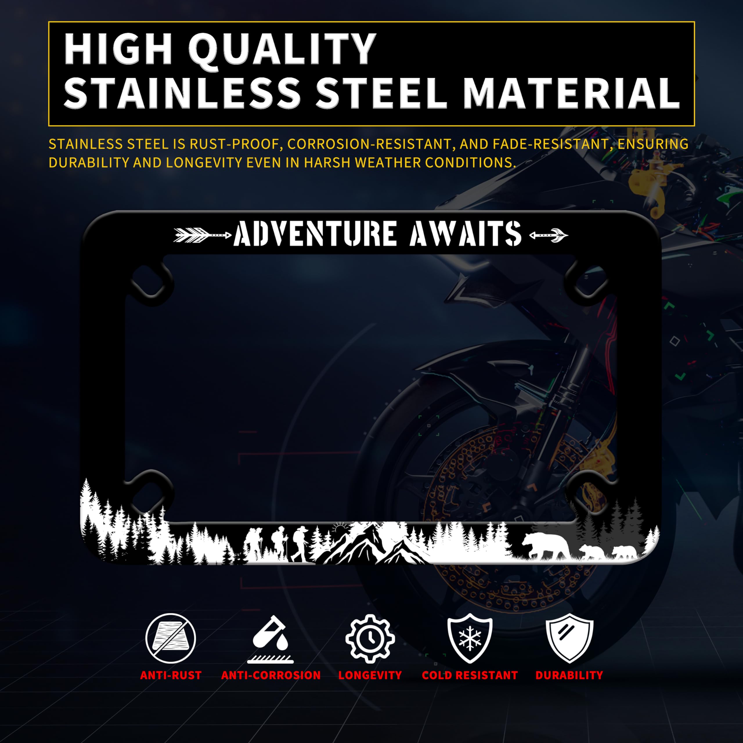 Motorcycle Adventure Awaits License Plate Frame Mountain Hiking Bear Stainless Steel Material Funny Motorbike License Plate Hold