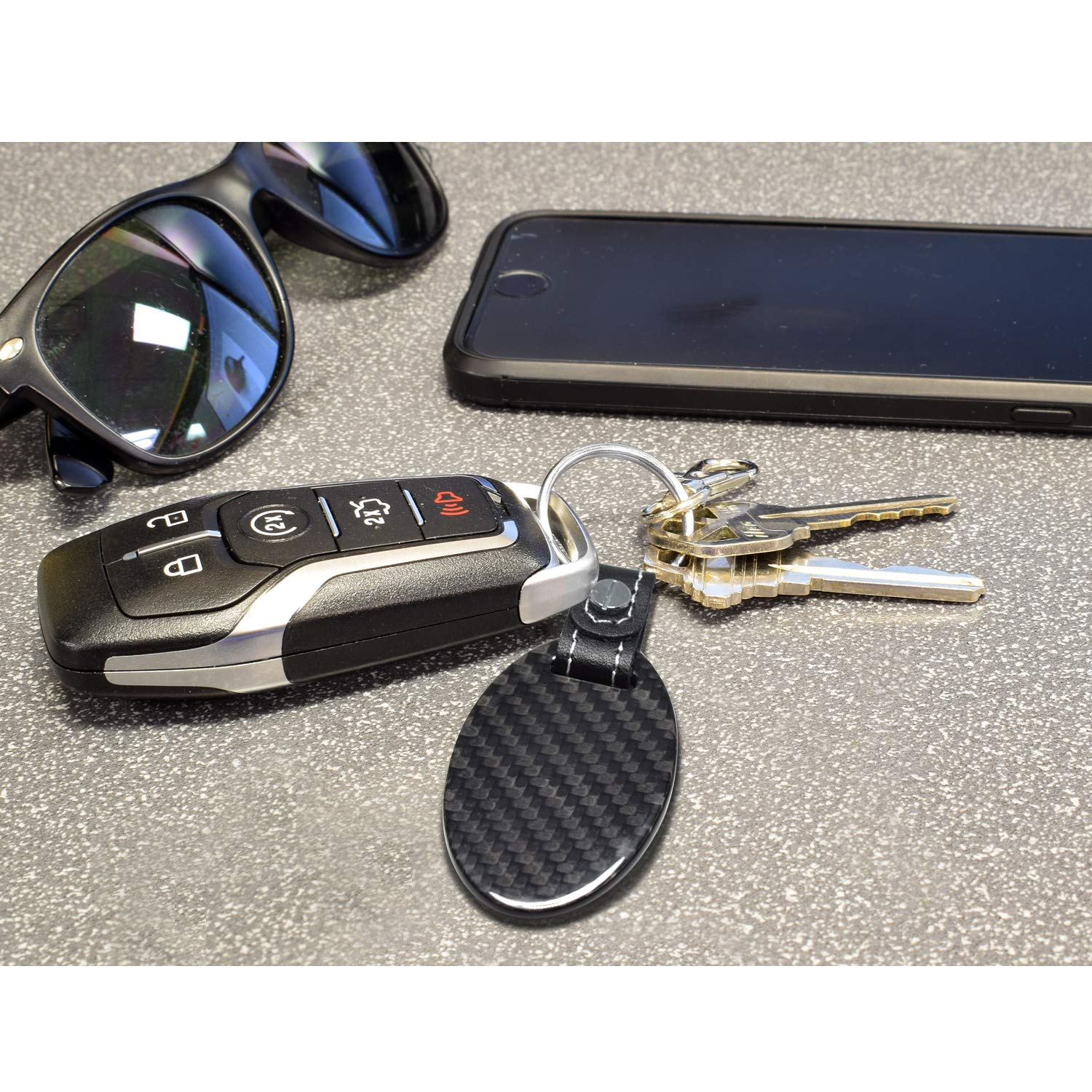 Ipick Image For Cadillac V Logo Black Real Carbon Fiber Oval Shape With Black Leather Strap Key Chain Keychain, Official License