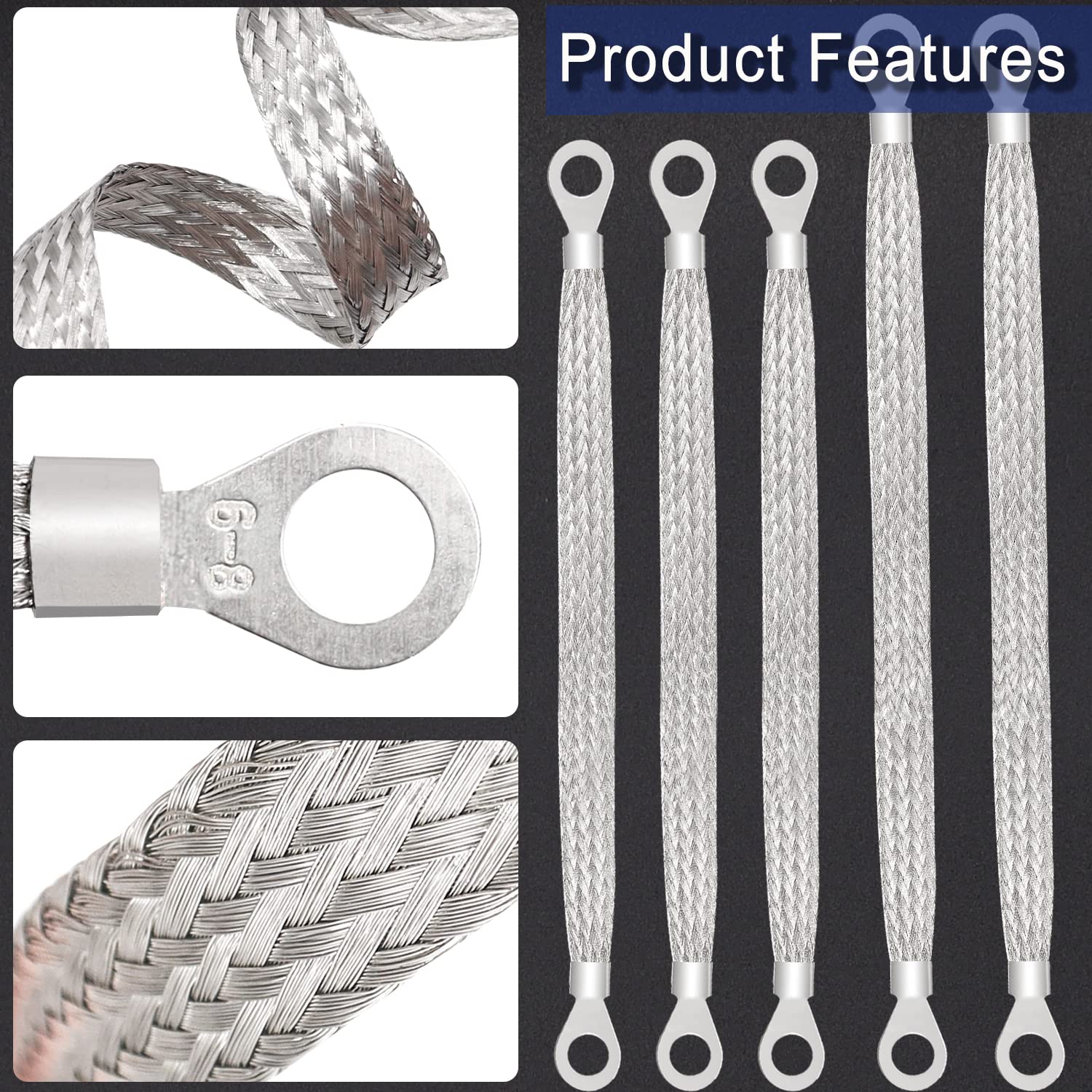 Taiss 5PCS Ground Strap 3pcs 10'' x 1/2'' & 2pcs 13'' x 1/2'' Tinned Copper Professional Vehicle Grounding Cable Straps with Ter
