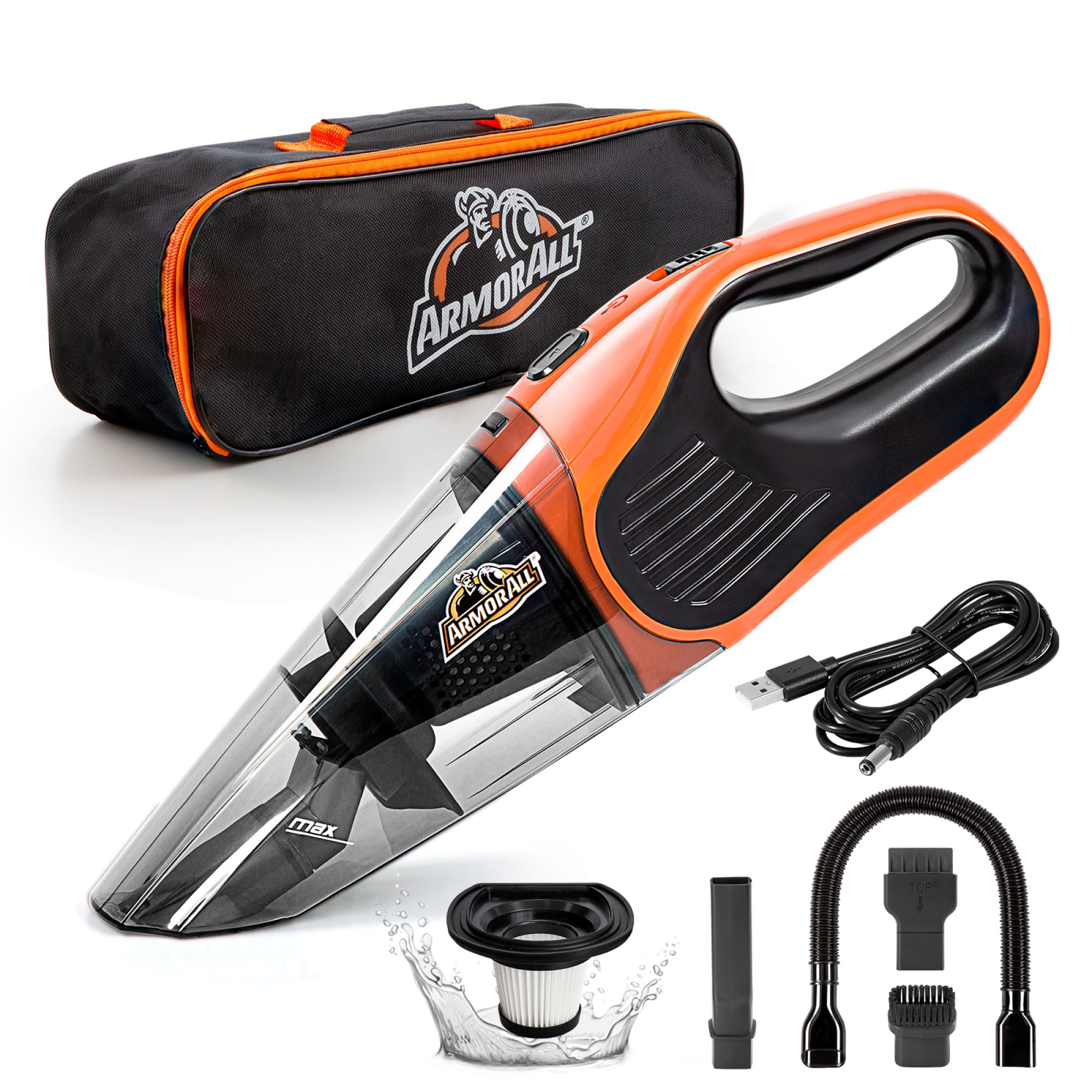 Armor All AA07V1 0901 Cordless Car Vacuum Handheld Vacuum Cleaner with Hose and Pet Brush for Car, Orange
