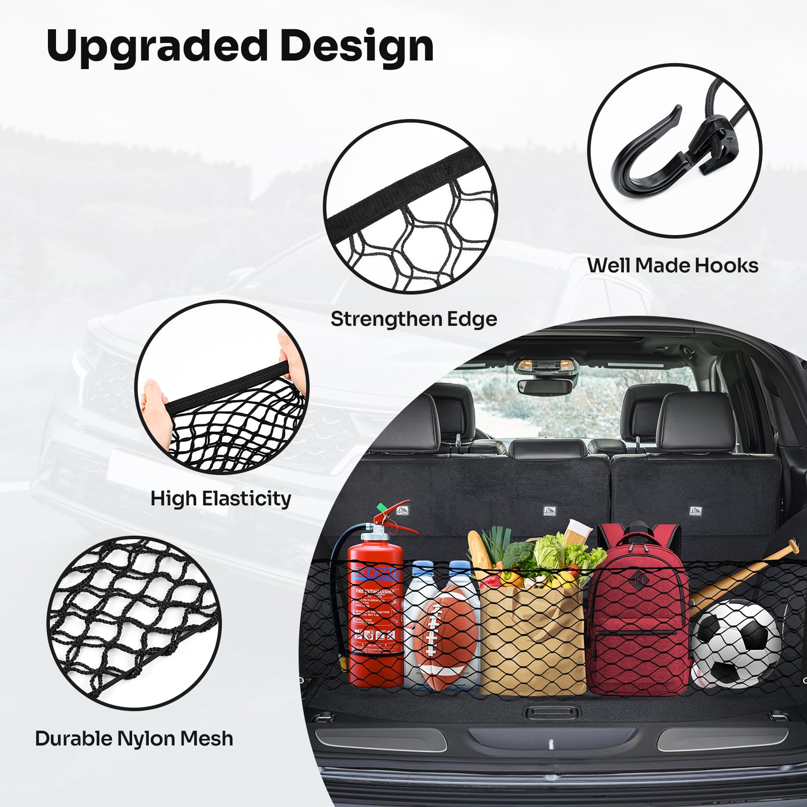 Canvcle Trunk Cargo Net - Elastic Nylon Organizer for 2011-2021 Jeep Grand Cherokee - Black, Adjustable with Hooks