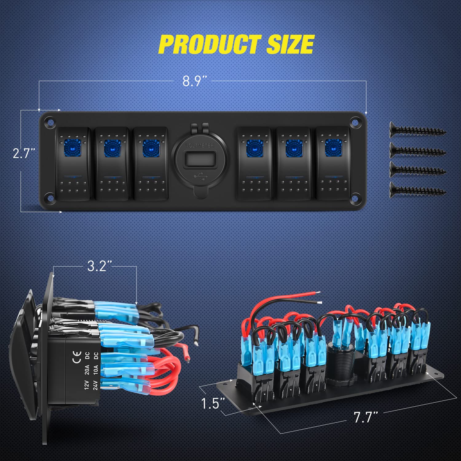 Nilight 6 Gang Rocker Switch 12V Spst On Off Switch Qc 3.0 Usb Charger Voltmeter Waterproof Aluminum Rocker Switch Panel Night G