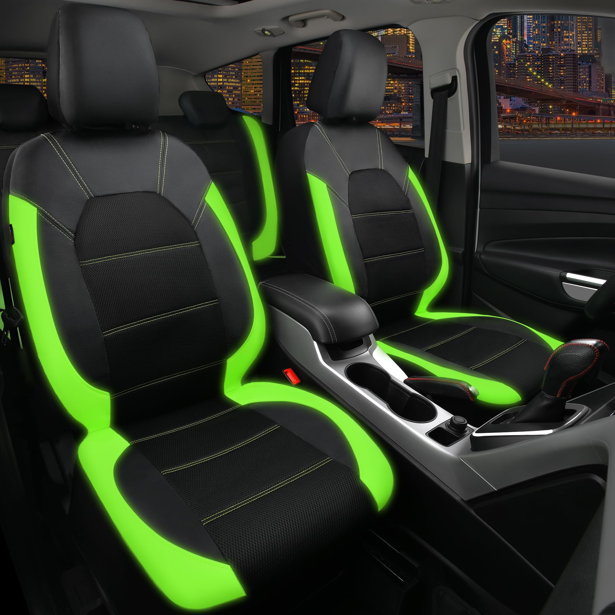 CAR PASS Universal Sport Car Seat Covers, Luminous Green Leather, Full Set, Airbag Compatible, Black with Green, Model zt-0121PU-GN0YG-L5