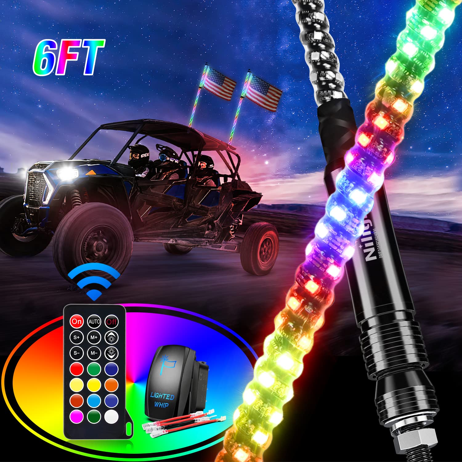 Nilight 2Pcs 6Ft Spiral Rgb Led Whip Light W/Rgb Chasing/Dancing Lights Rf Remote Control Lighted Antenna Whips For Can-Am Atv U